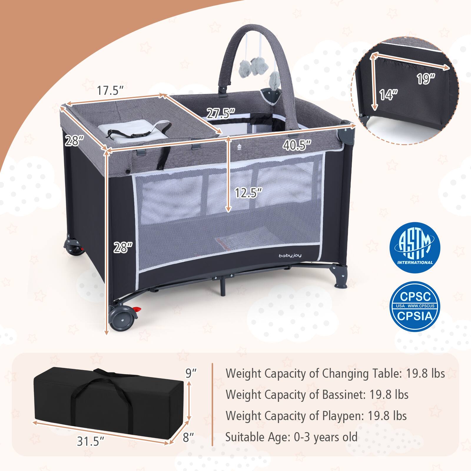 17.5" 27.5" 14" 19" 28" 40.5" 12.5" 28"  
Weight Capacity of Changing Table: 19.8 lbs  
Weight Capacity of Bassinet: 19.8 lbs  
Weight Capacity of Playpen: 19.8 lbs  
Suitable Age: 0-3 years old