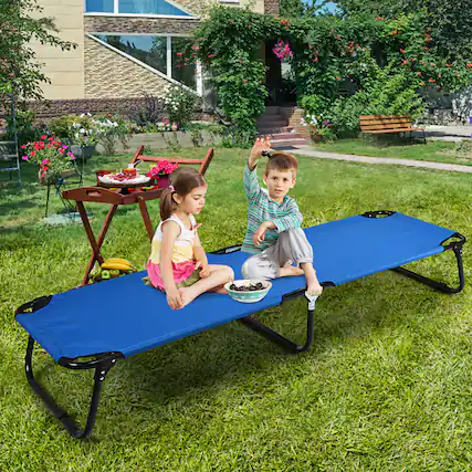 Front. Gymax - Gymax Blue Folding Camping Bed Outdoor Military Cot Sleeping - Blue.