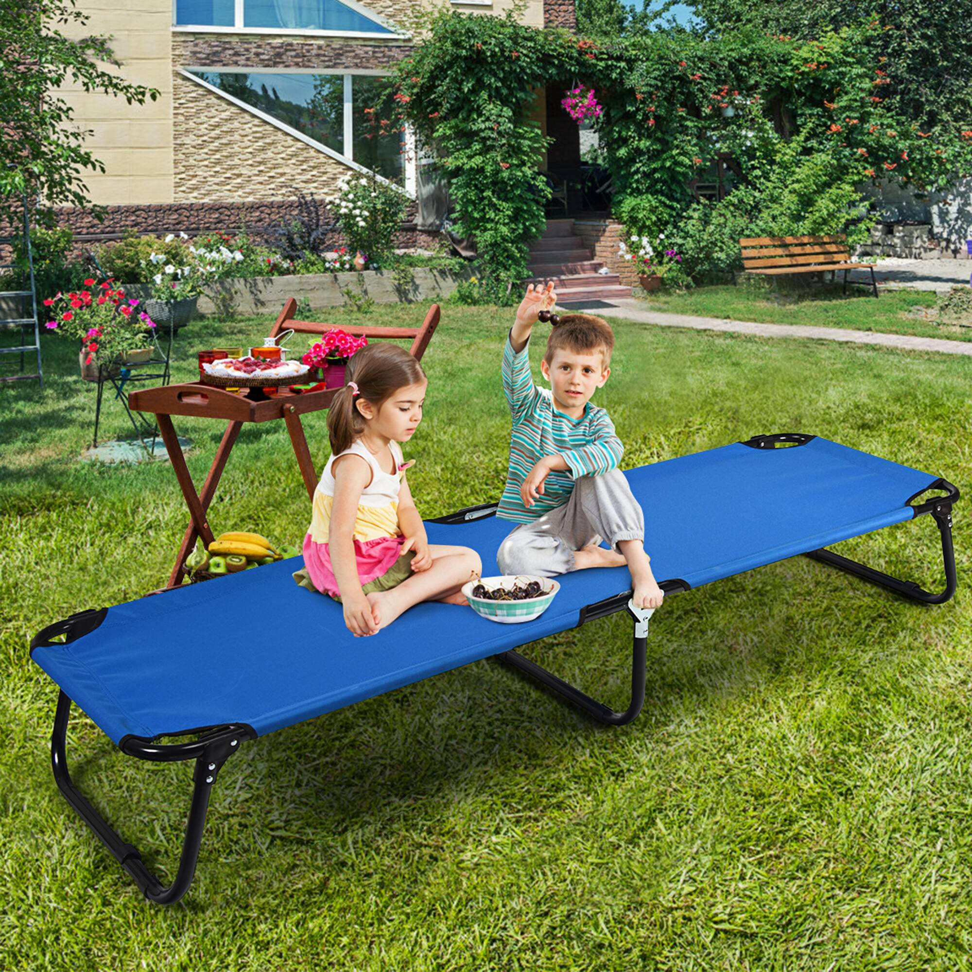 Front. Gymax - Gymax Blue Folding Camping Bed Outdoor Military Cot Sleeping - Blue.