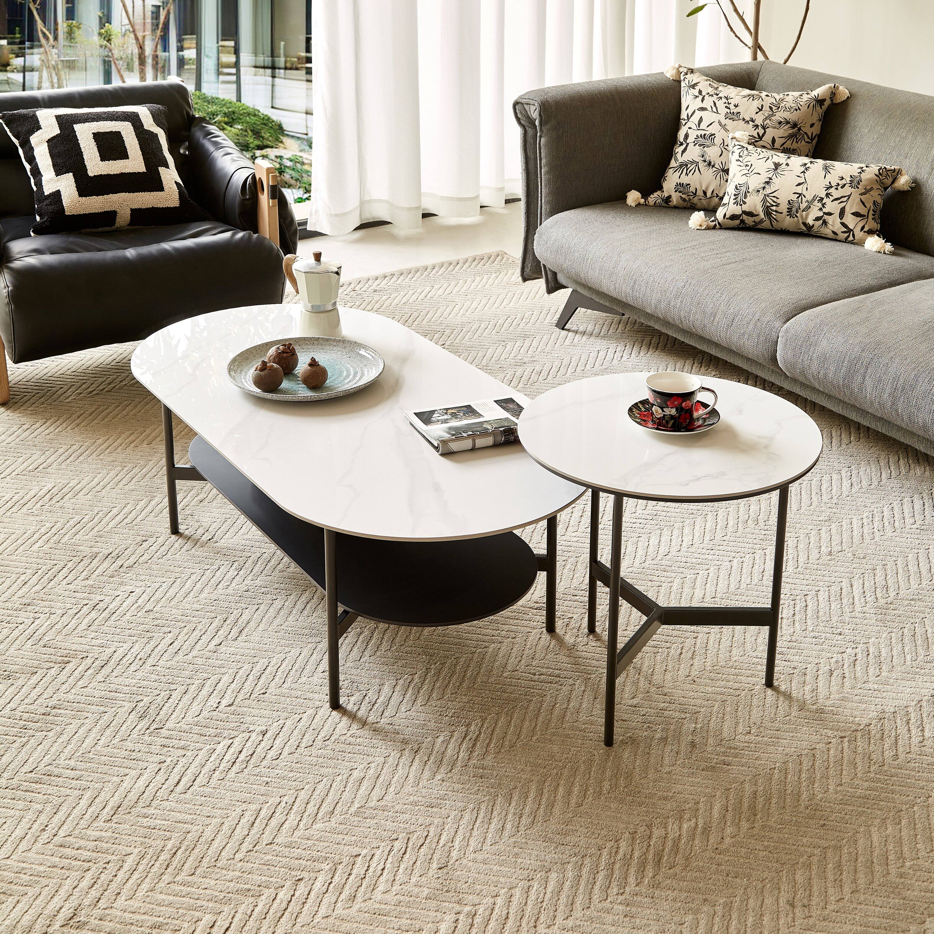 Left. Tiramisubest - Contemporary Coffee Table,Sintered Stone Surface with White Ceramic Finish,Double Layer,MDF Base Matte Dark Grey Shelf - White+gray.