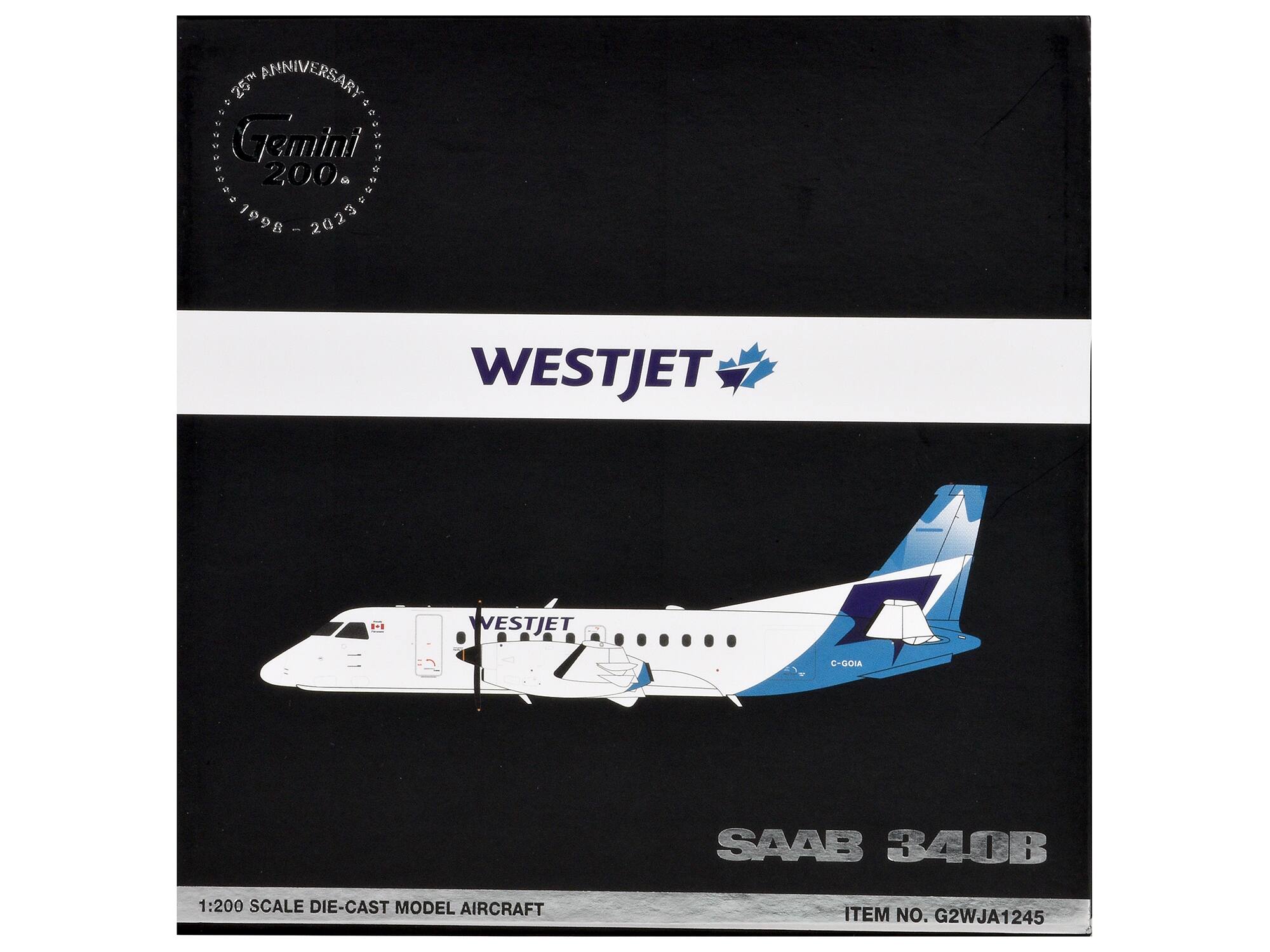 25th Anniversary  
Gemini 2000  
1998 - 2023  

WESTJET  

SAAB 340B  

1:200 Scale Die-Cast Model Aircraft  

Item No. G2WJA1245