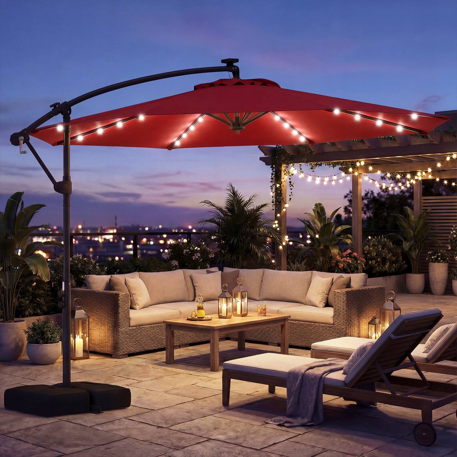 Alt View 3. Costway - Costway 10 FT Solar Offset Hanging Umbrella Patio Cantilever Umbrella with 32 LED Lights - Red.