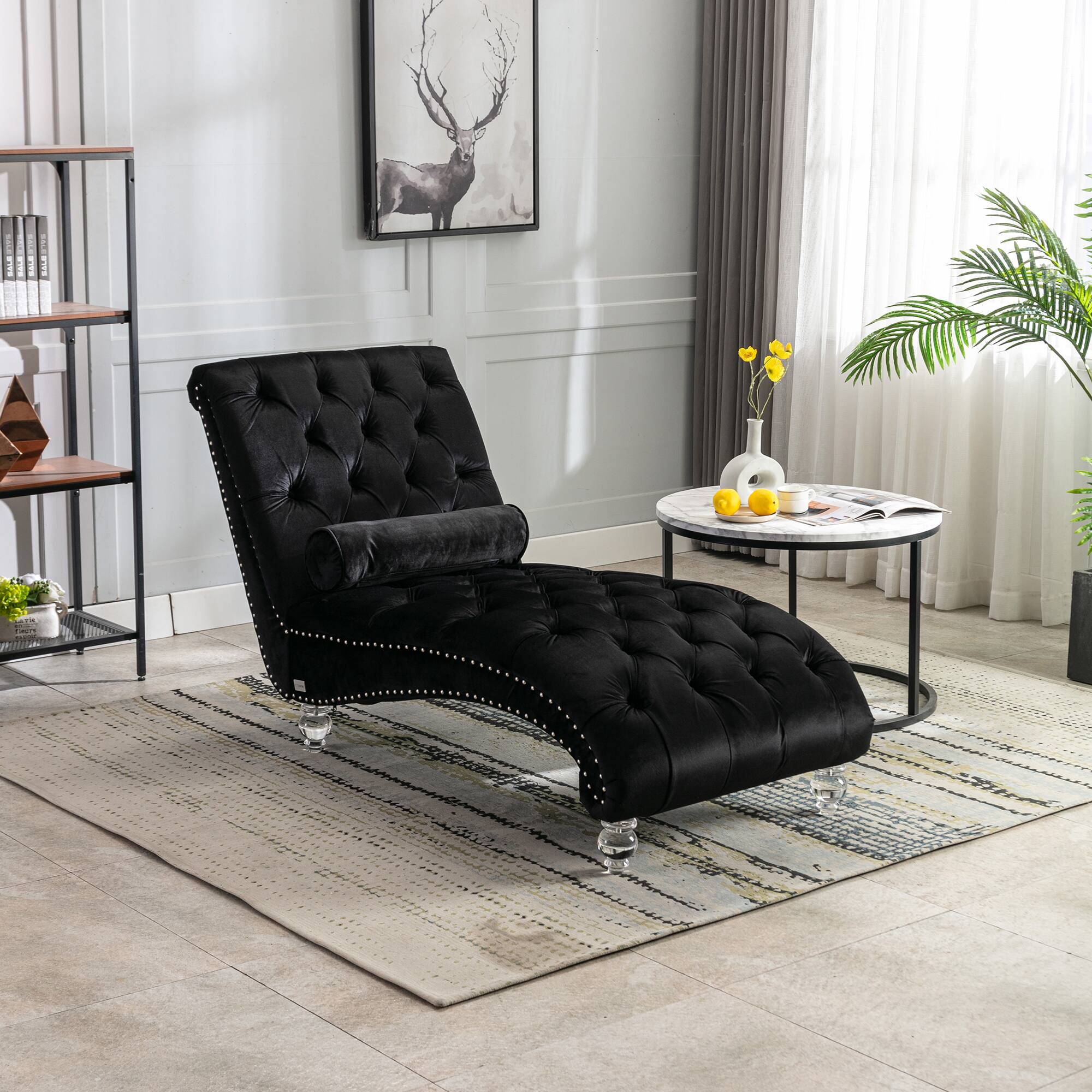 Angle. Trinkets Crazed - Velvet Indoor Chaise Lounge Chair with Toss Pillow, Upholstered Modern Tufted Button Lounge Chair with Acrylic Legs - Black.