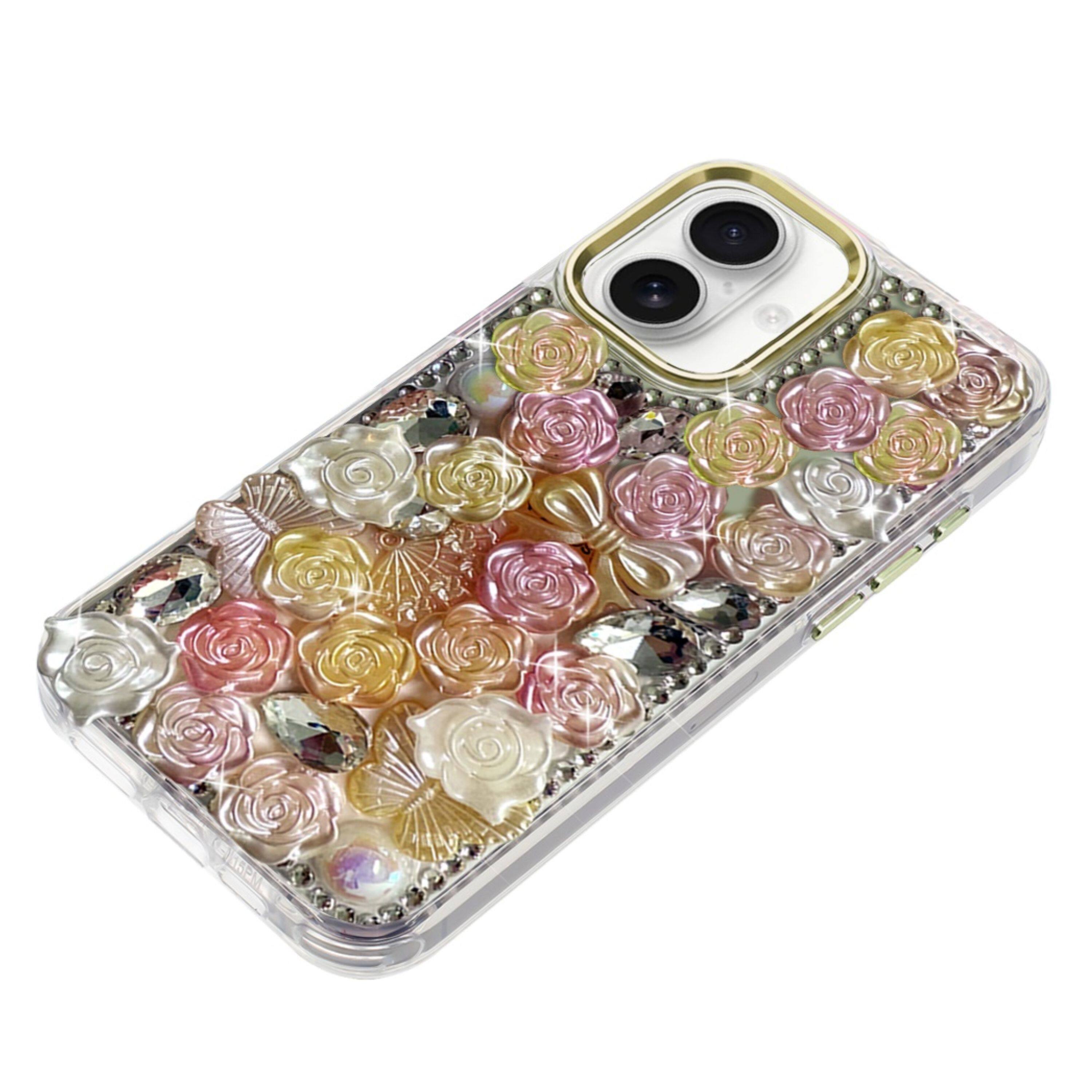 Angle. Kitcheniva - Full 3D Roses Design Phone Case With Tempered Glass For iPhone 17 Orange - Orange.