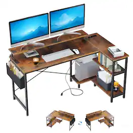 Loheer - 47 Inch Gaming Desk with Power Outlets, Reversible L Shaped Computer Desk with Monitor Stand & Storage Shelves - Vintage