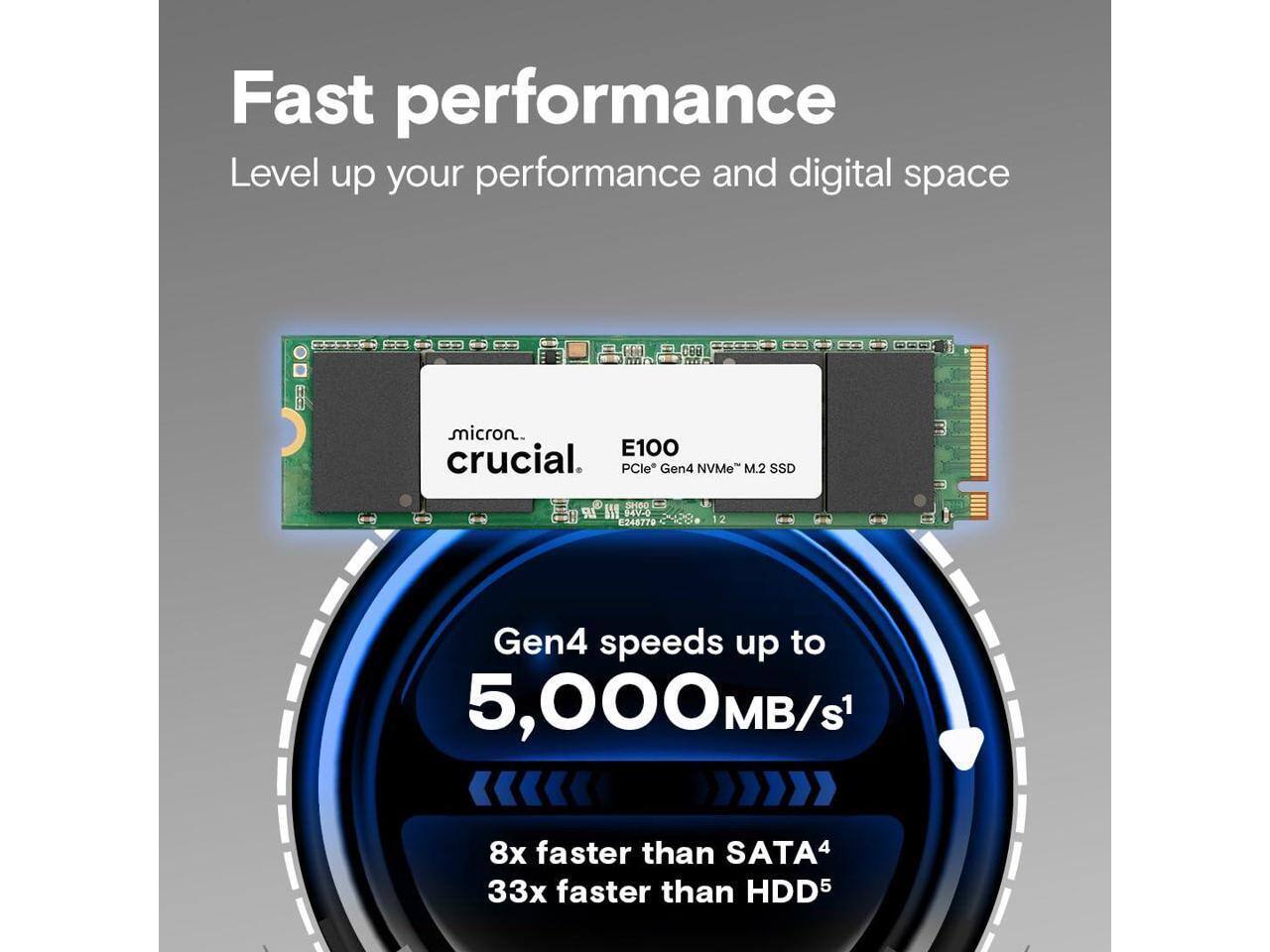Fast performance  
Level up your performance and digital space  

E100 crucial  
PCle Gen4 NVMe™ M.2 SSD  
SHBO HV-0 E248778  

Gen4 speeds up to 5,000MB/s  
8x faster than SATA⁴  
33x faster than HDD⁵