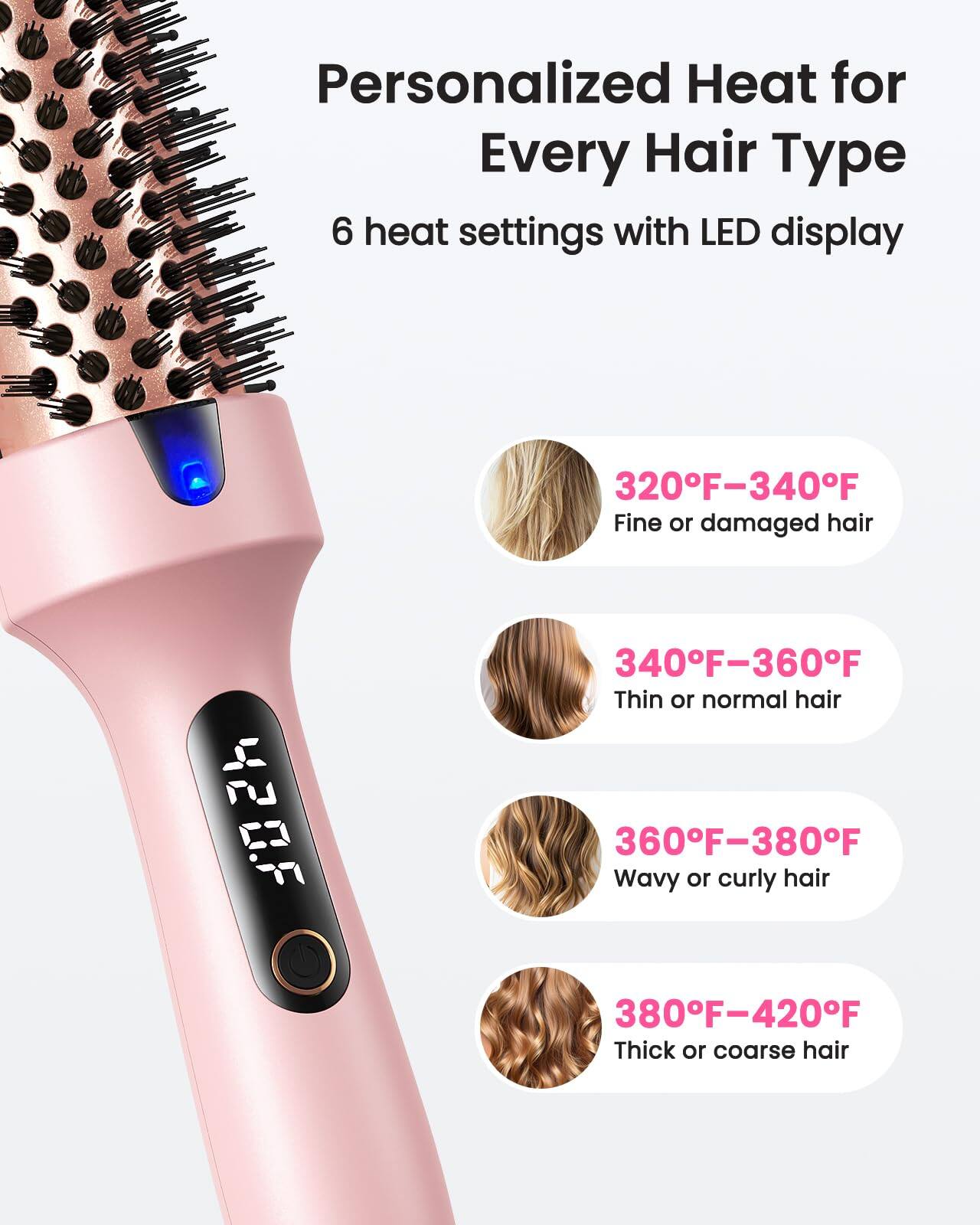 Personalized Heat for Every Hair Type

6 heat settings with LED display

- 320°F–340°F: Fine or damaged hair
- 340°F–360°F: Thin or normal hair
- 360°F–380°F: Wavy or curly hair
- 380°F–420°F: Thick or coarse hair