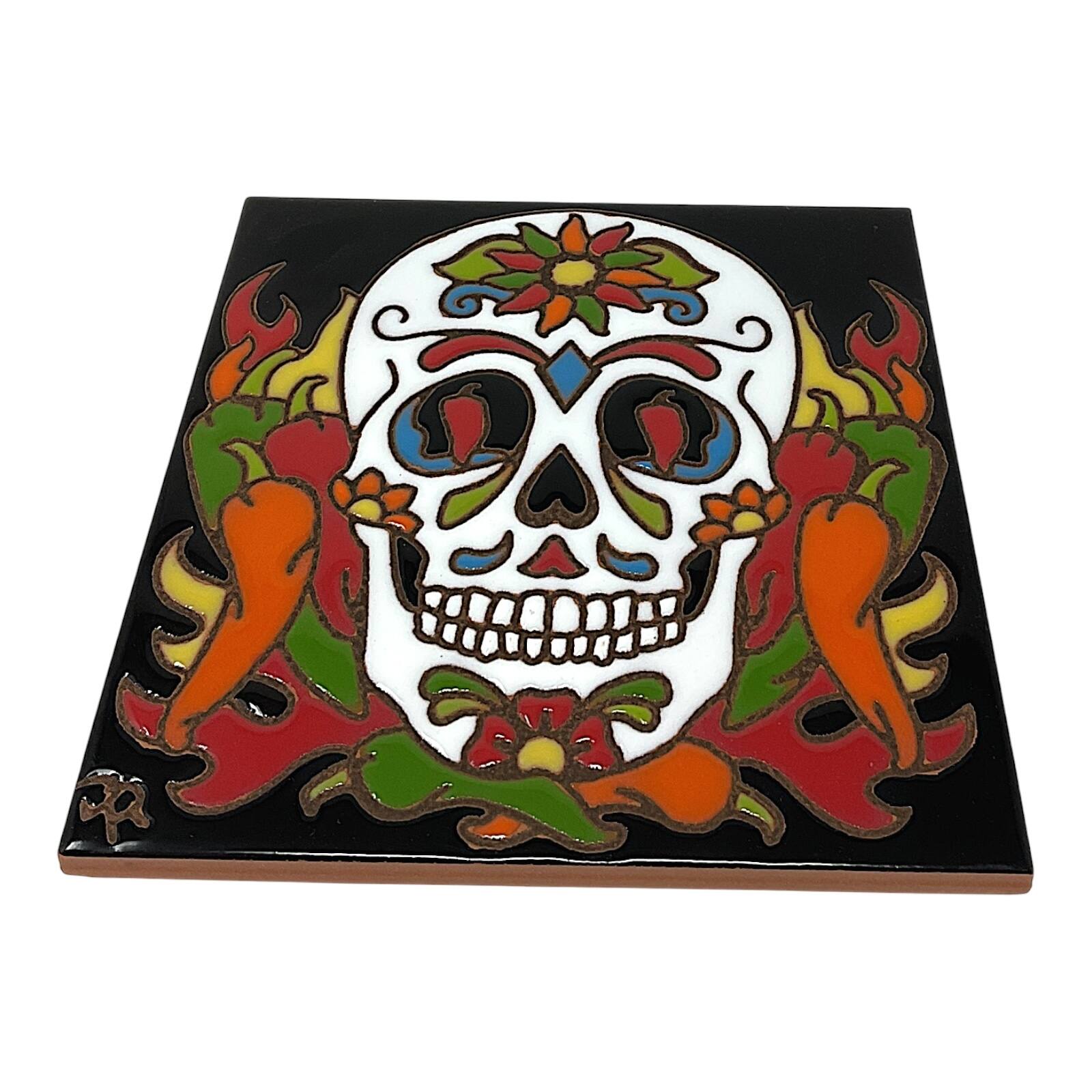 Angle. Earthtones Tile - Earthtones Day of the Dead Chili Pepper Sugar Skull Southwest 6X6 Hand Glazed Decorative Tile or Kitchen Trivet - Multicolor.