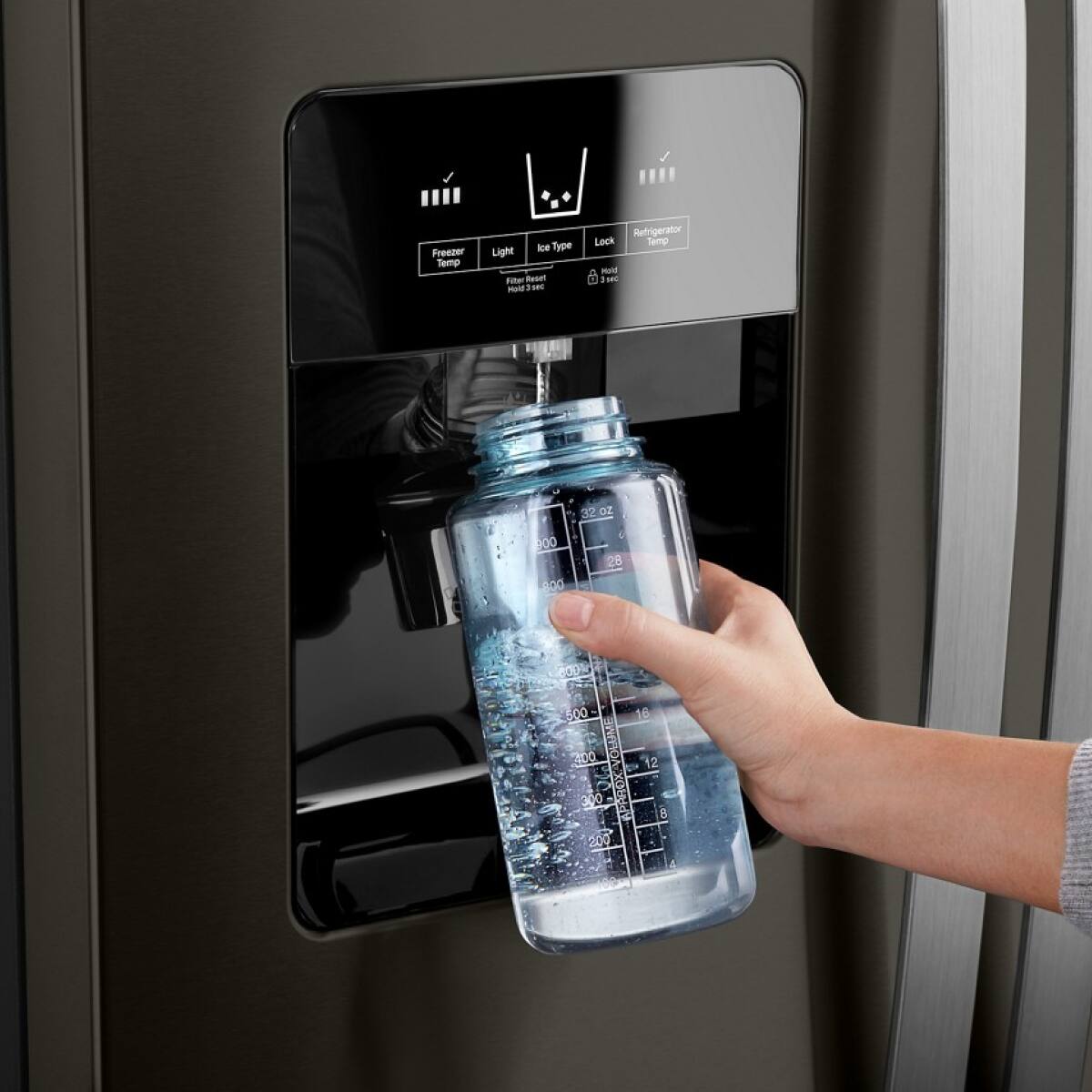 Freezer Temp  
Light  
Ice Type  
Filter Beom Maid  
Refrigerator Temp  
Lock  
3 sec  

Filter Reset  
300 sec  

32 oz  
28 C  
500  
16  
200  
VOLUME  
12  
5  
300  
PAROX  
200  
A  
169