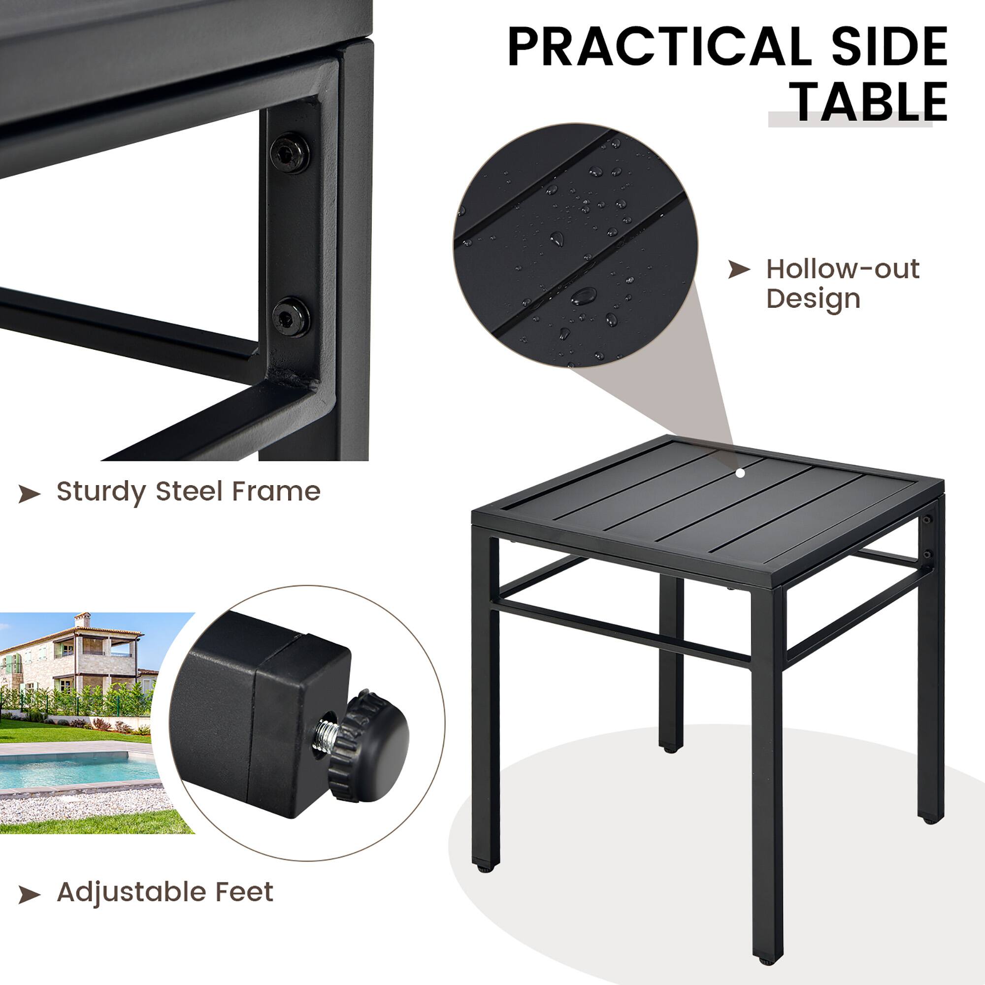 PRACTICAL SIDE TABLE

- Sturdy Steel Frame
- Hollow-out Design
- Adjustable Feet