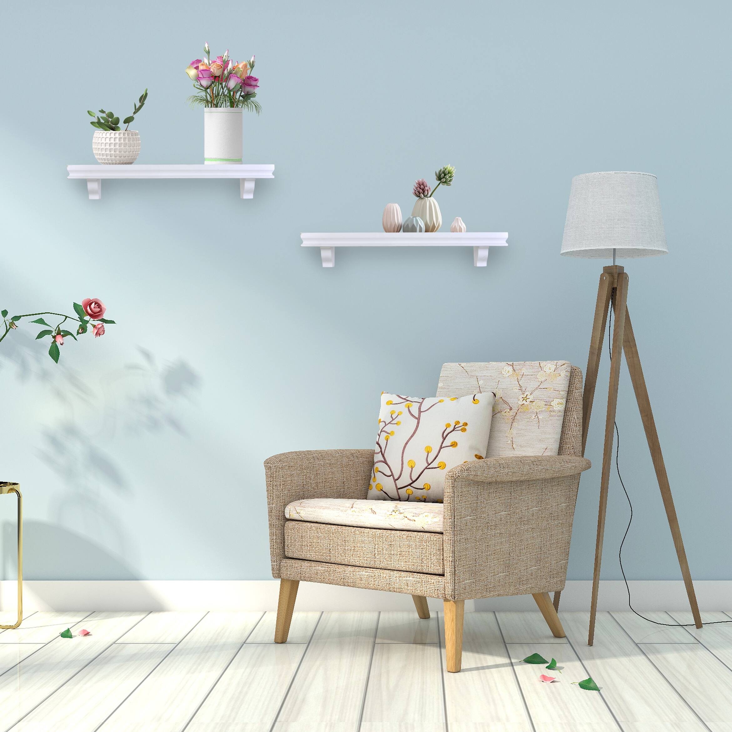 Angle. Danya B - 24" Wall Display Ledge Shelves – (Set of 2) - White - White.