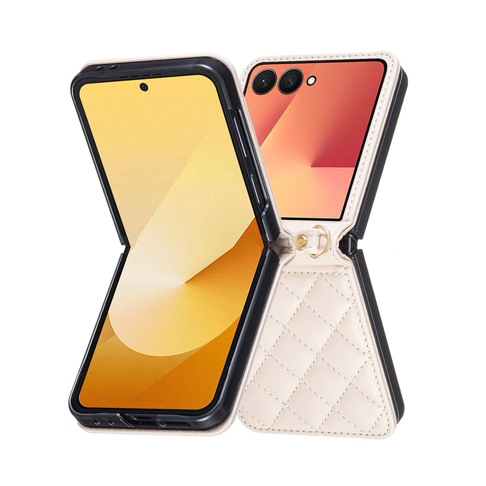 Alt View 2. Dteck - Shockproof Case for Samsung Galaxy Z Flip8 with Crossbody Lanyard, PU Leather Hard PC Cover, Raised Edge Camera Defense - Beige.