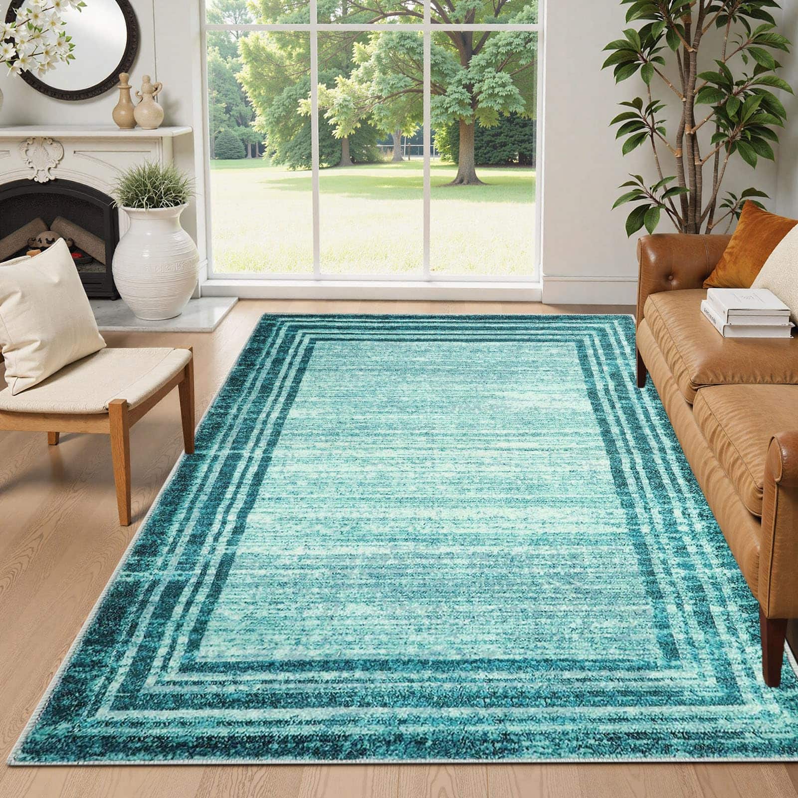 Fabibe - Modern Abstract Area Rug Washable Teal 2x3 Entryway Rugs Non Slip Kitchen Carpet Indoor Front easy maintenance and - Teal Border/White-8' x 10' (Rectangular)