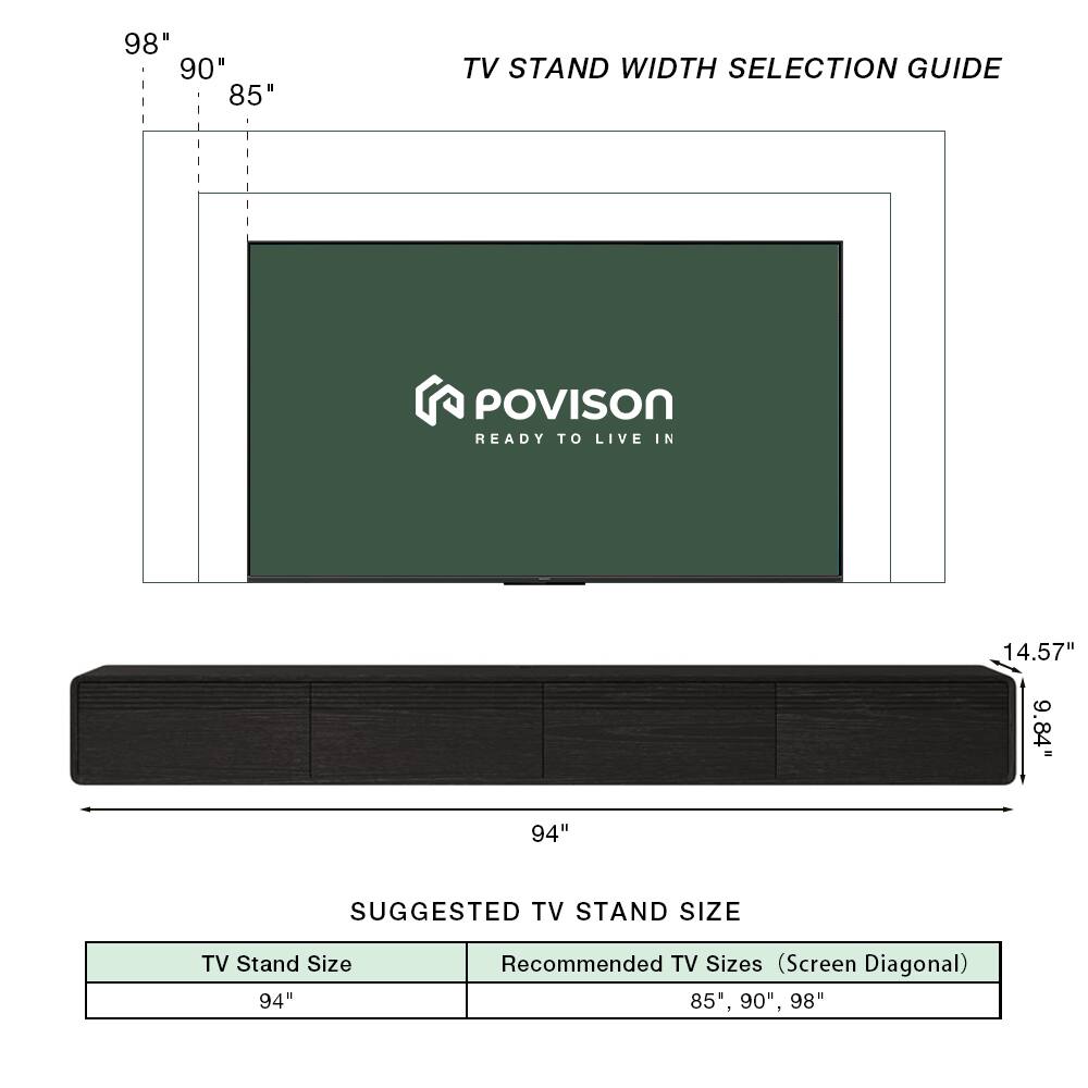 98" 90" 85" TV STAND WIDTH SELECTION GUIDE  
POVISION READY TO LIVE IN  
14.57" 9.84" 94"  
SUGGESTED TV STAND SIZE  
TV Stand Size 94"  
Recommended TV Sizes (Screen Diagonal) 85", 90", 98"