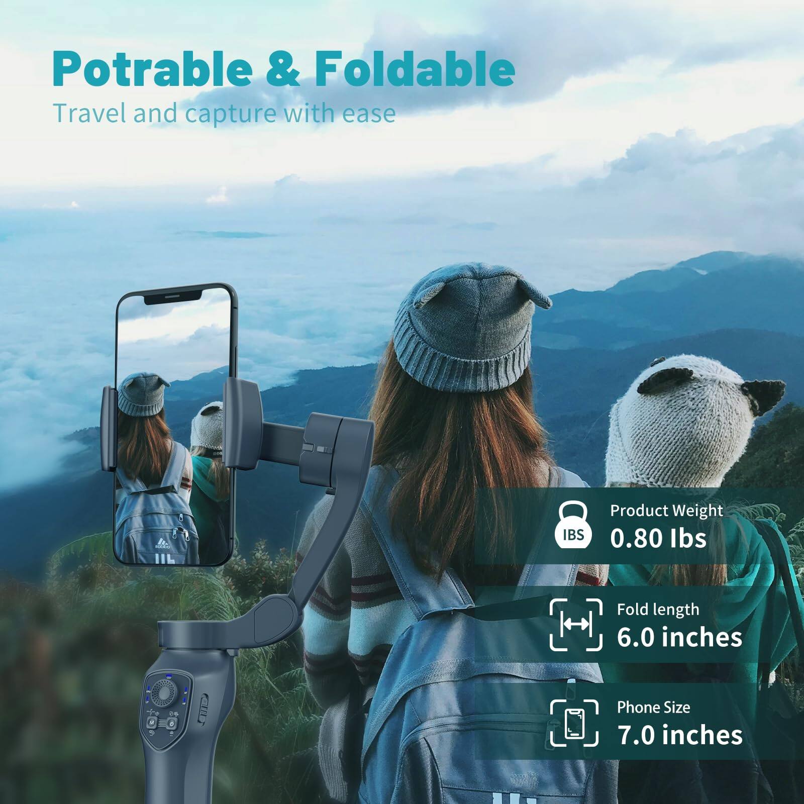 Potrable & Foldable  
Travel and capture with ease  

Product Weight: 0.80 lbs  
Fold length: 6.0 inches  
Phone Size: 7.0 inches