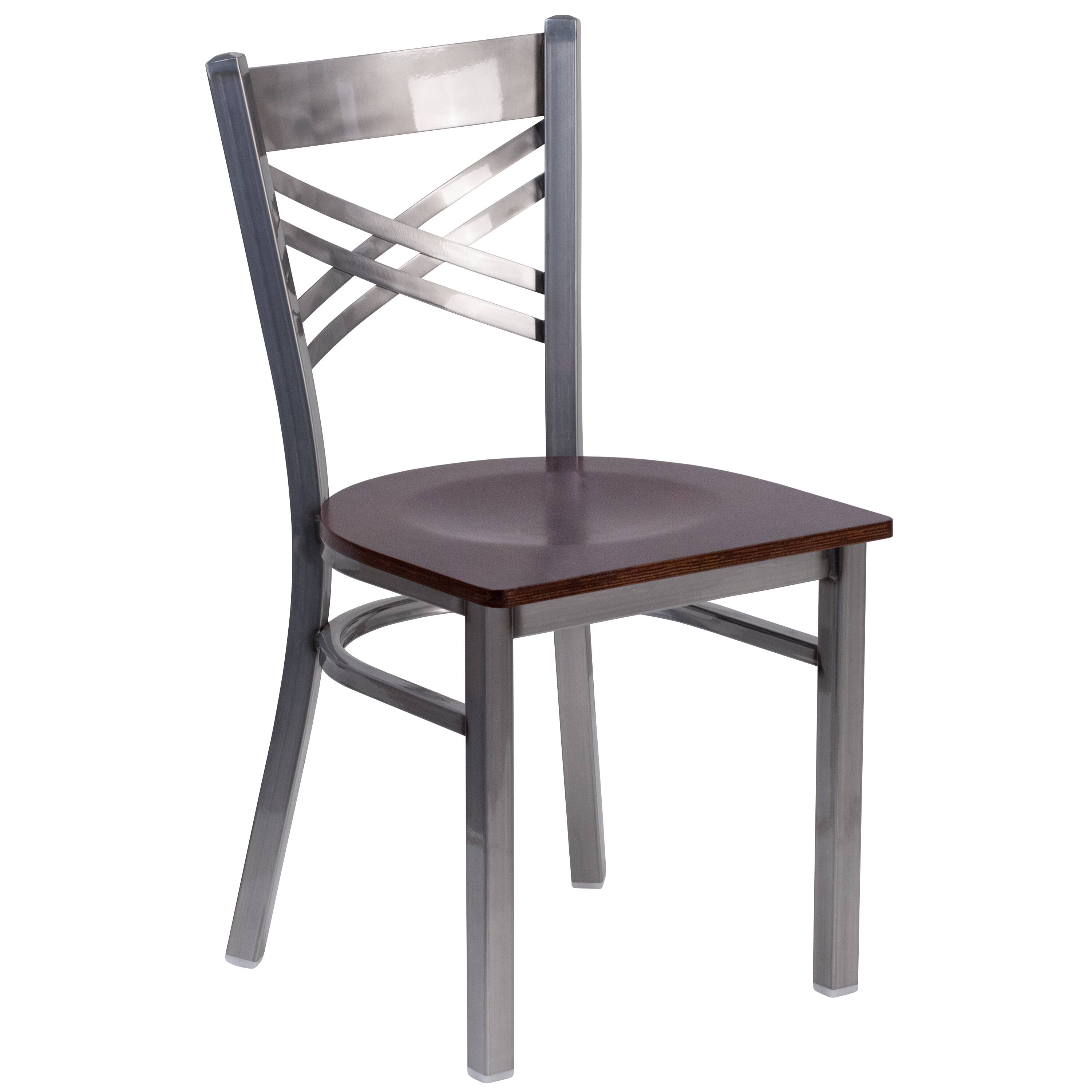 Alt View 7. Emma + Oliver - 2 Pack Clear Coated "X" Back Metal Restaurant Chair - Walnut Wood Seat/Clear Coated Metal Frame.