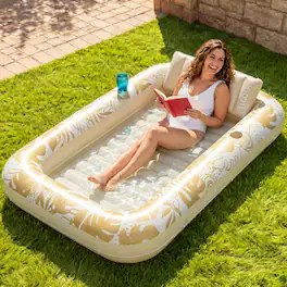 Joyfy - 70" Pool Floats Inflatable Pool Tanning Adults Floats Bed Tanning with Pillow Drink Holders Tanning Pool - Gold White