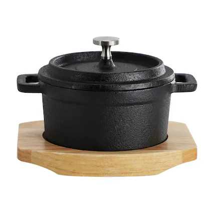 Front. MegaChef - MegaChef Cast Iron 8 Ounce Mini Dutch Oven with Wood Tray - Black.