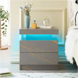 Ecooso - Contemporary LED Nightstand, Modern Bedside Table with 2 Drawers, Bedroom Storage End Table - Grey/Gold