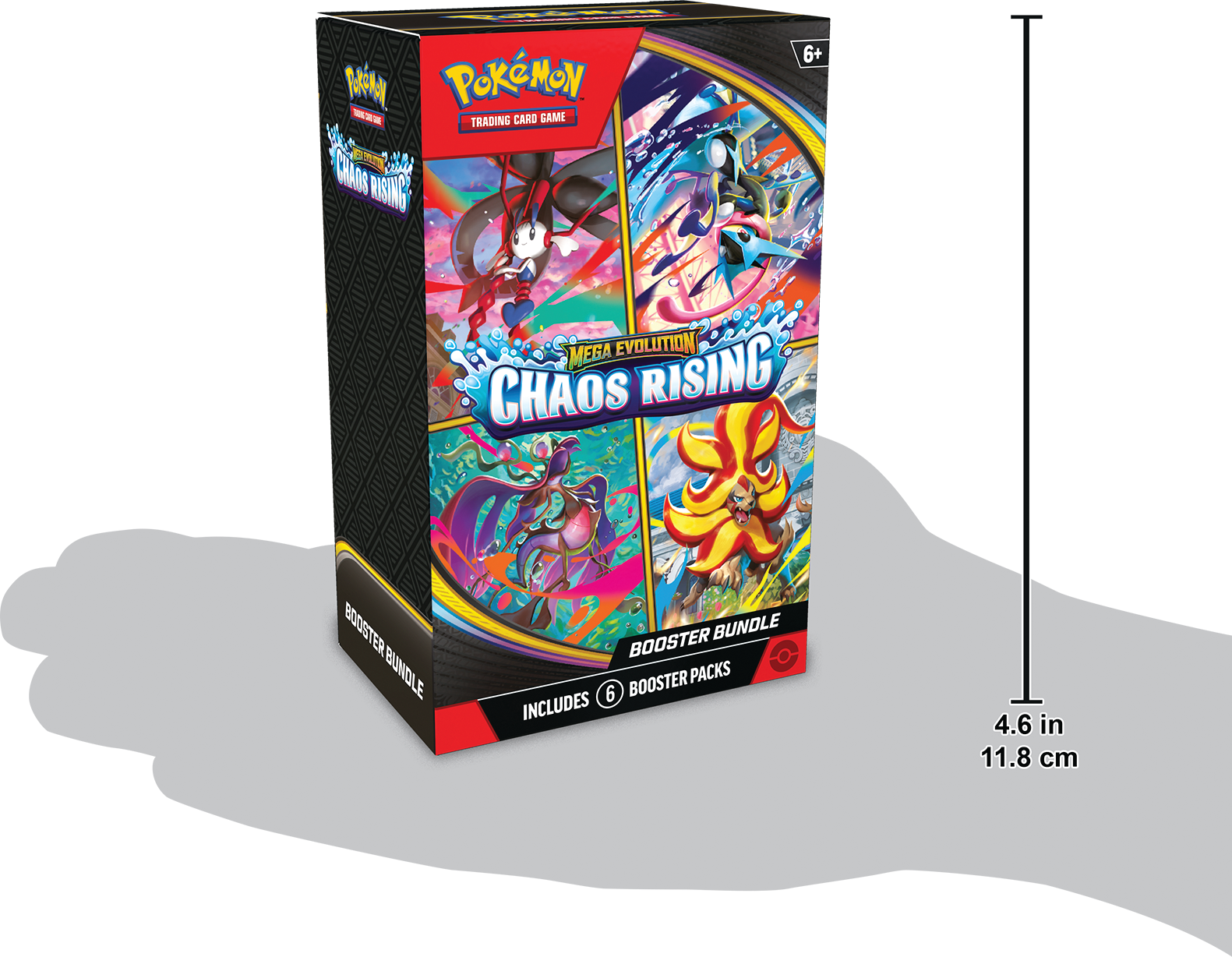 Pokémon Trading Card Game: Mega Evolution Chaos Rising Booster Bundle  
Includes 6 Booster Packs  
4.6 in x 11.8 cm