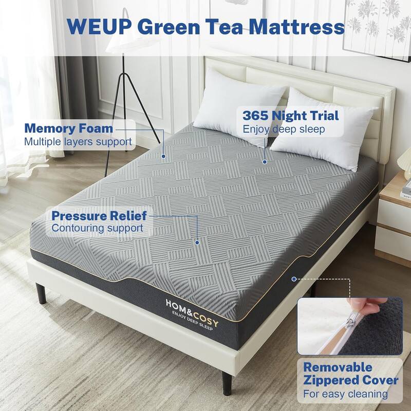 WEUP Green Tea Mattress, Memory Foam, Multiple layers support, 365 Night Trial, Enjoy deep sleep, Pressure Relief, Contouring support, HOM&COSY, HOM ENJOY DEEP SLEEP, Removable Zippered Cover, For easy cleaning
