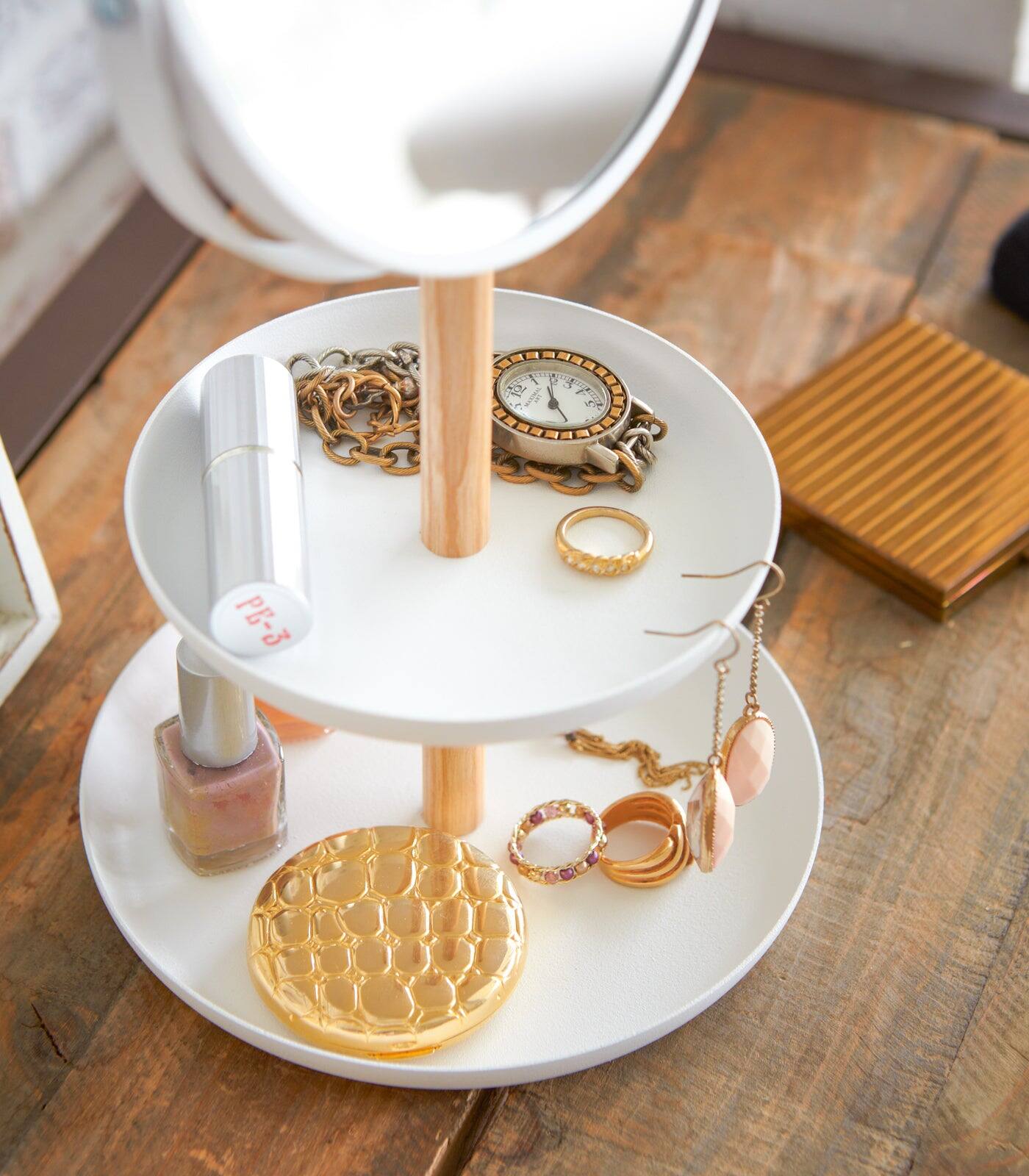 Alt View 1. Yamazaki Home - Two-Tier Jewelry Tray With Mirror - Steel + Wood - White.