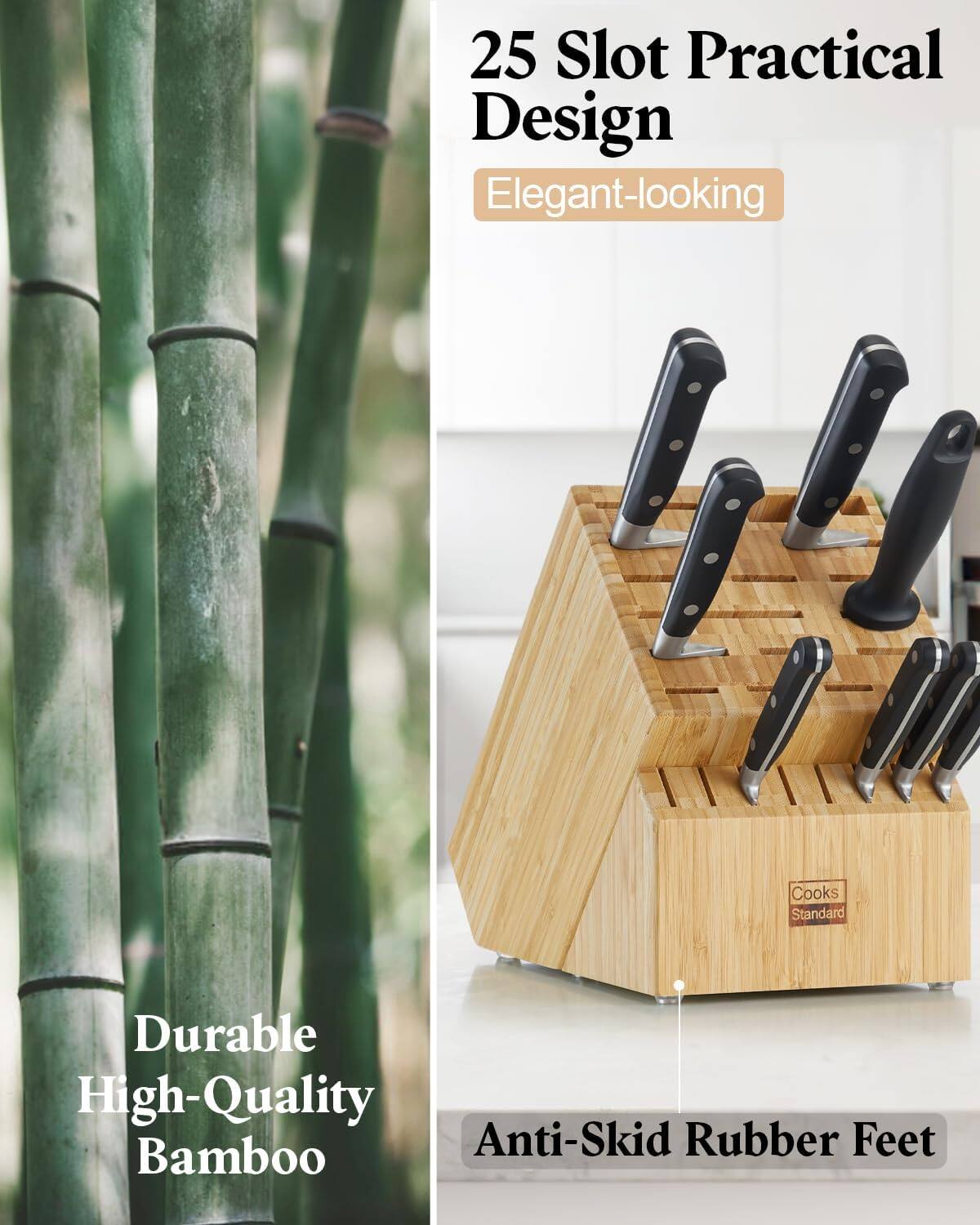 25 Slot Practical Design  
Elegant-looking  
Durable High-Quality Bamboo  
Anti-Skid Rubber Feet