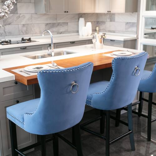 Alt View 5. LUCKY ONE - Assembled Velvet Bar Stool Set of 2 with Button Tufted Wood Legs Chrome Nailhead Trim - Blue.