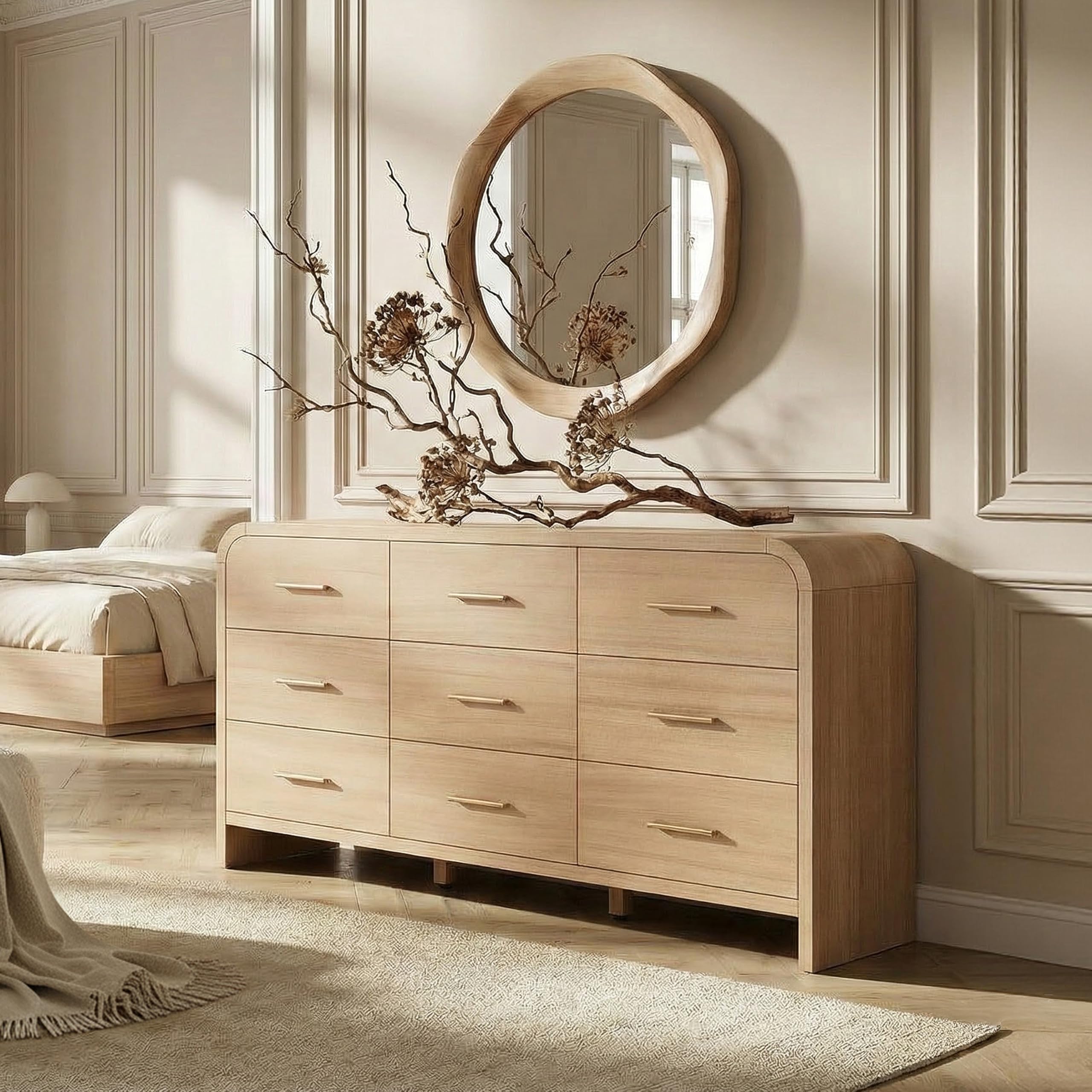 Front. OMOMMD - 63" Curved 9-Drawer Dresser, Bedroom TV Stand & Vanity, Water-Resistant - Oak 9-Drawer.