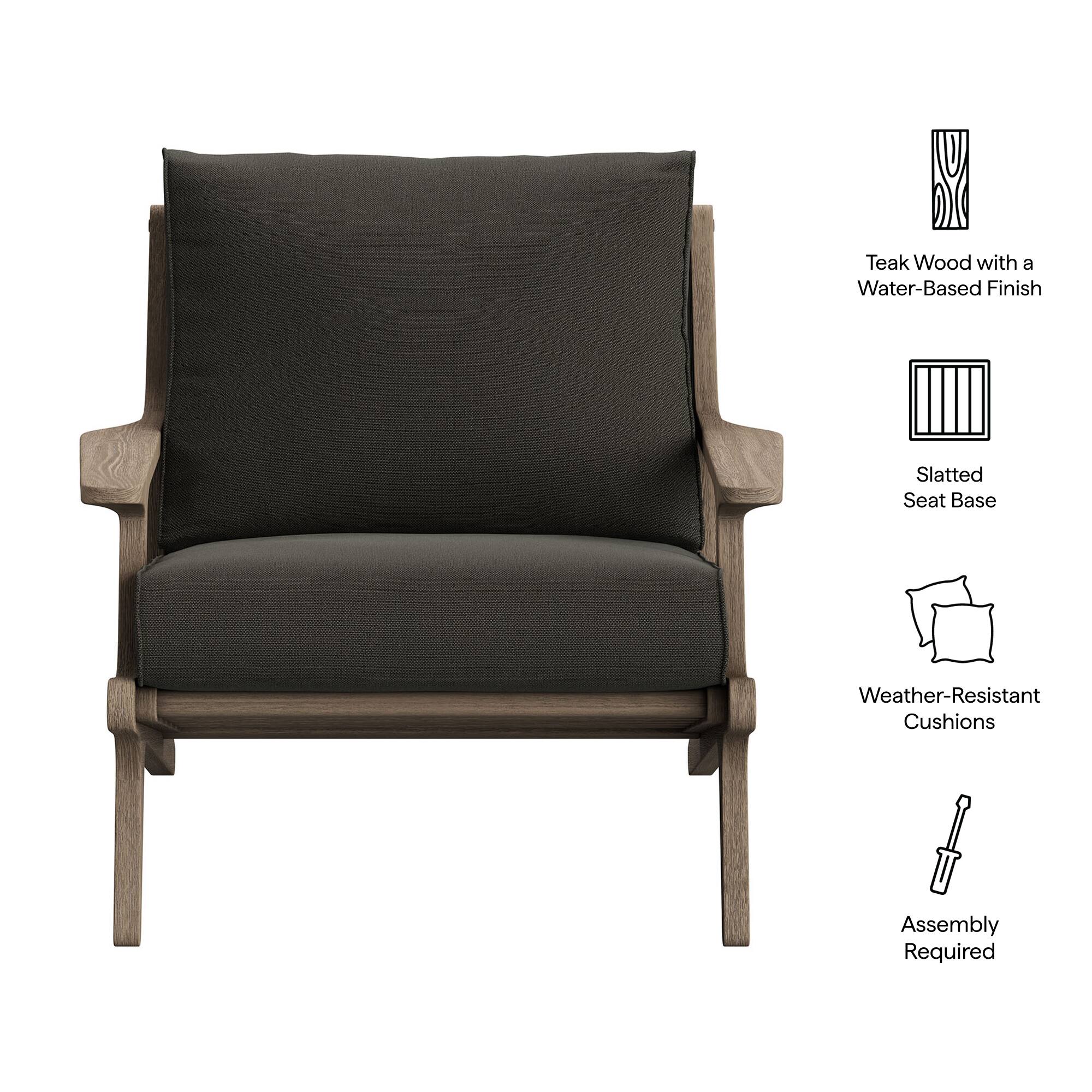 - Teak Wood with a Water-Based Finish
- Slatted Seat Base
- Weather-Resistant Cushions
- Assembly Required