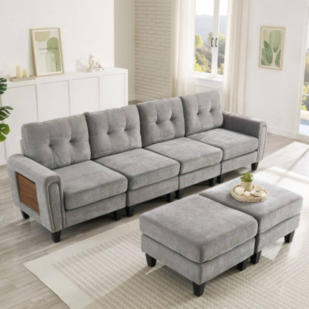 Angle. LUCKY ONE - 115" U-Shaped Modular Sectional Sofa w/ 2 Movable Ottomans USB Ports Side Tables - Grey.