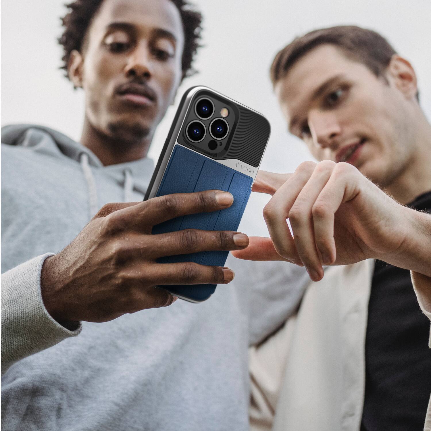 Angle. Vena - vCommute for Apple iPhone 14 Pro Wallet Case, Leather Flip Cover with Card Slot and Kickstand - Blue - Blue.