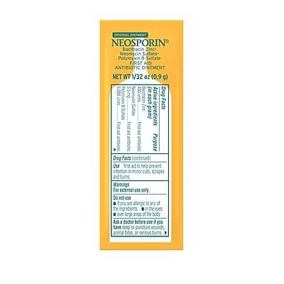 **NEOSPORIN**  
Bacitracin Zinc  
Neomycin Sulfate  
Polymyxin B Sulfate  
FIRST AID ANTIBIOTIC OINTMENT  
NET WT 1/32 oz (0.9 g)

**Drug Facts**  
Active Ingredients:  
- Bacitracin Zinc 5,000 units  
- Neomycin Sulfate 400 mcg  
- Polymyxin B Sulfate 10,000 units  

**Purpose**  
Antibiotic Ointment  

**Uses**  
- Use first aid to help prevent infection in minor cuts, scrapes, and burns.

**Warnings**  
- For external use only.  
- Do not use if you are allergic to any of the ingredients.  
- Do not use on large areas of the body.  
- Do not use in the eyes.  
- Do not use on deep or puncture wounds, animal bites, or serious burns.  
- Ask a doctor before use if you have deep or puncture wounds, animal bites, or serious burns.  

**Other Information**  
- Keep out of reach of children.