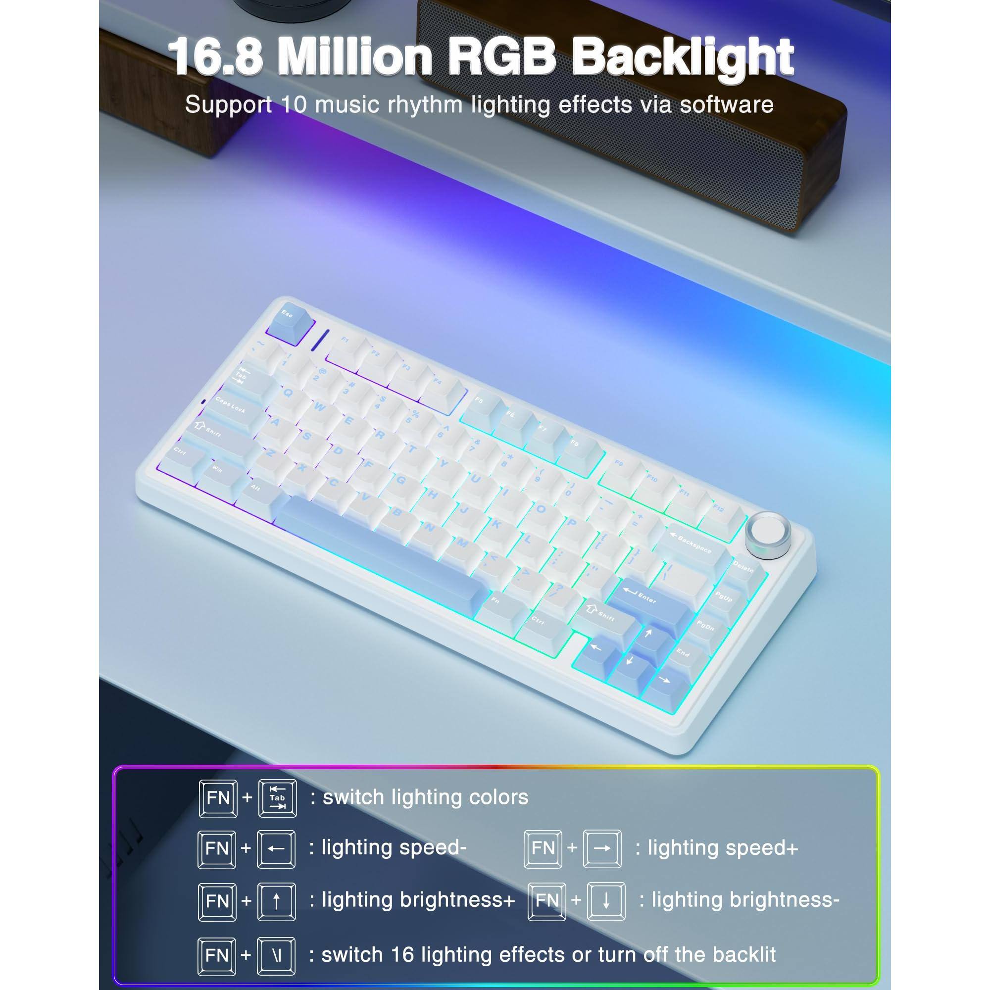 16.8 Million RGB Backlight  
Support 10 music rhythm lighting effects via software  

- FN + ↑: switch lighting colors  
- FN + ←: lighting speed-  
- FN + →: lighting speed+  
- FN + ↓: lighting brightness-  
- FN + ↑: lighting brightness+  
- FN + V: switch 16 lighting effects or turn off the backlit