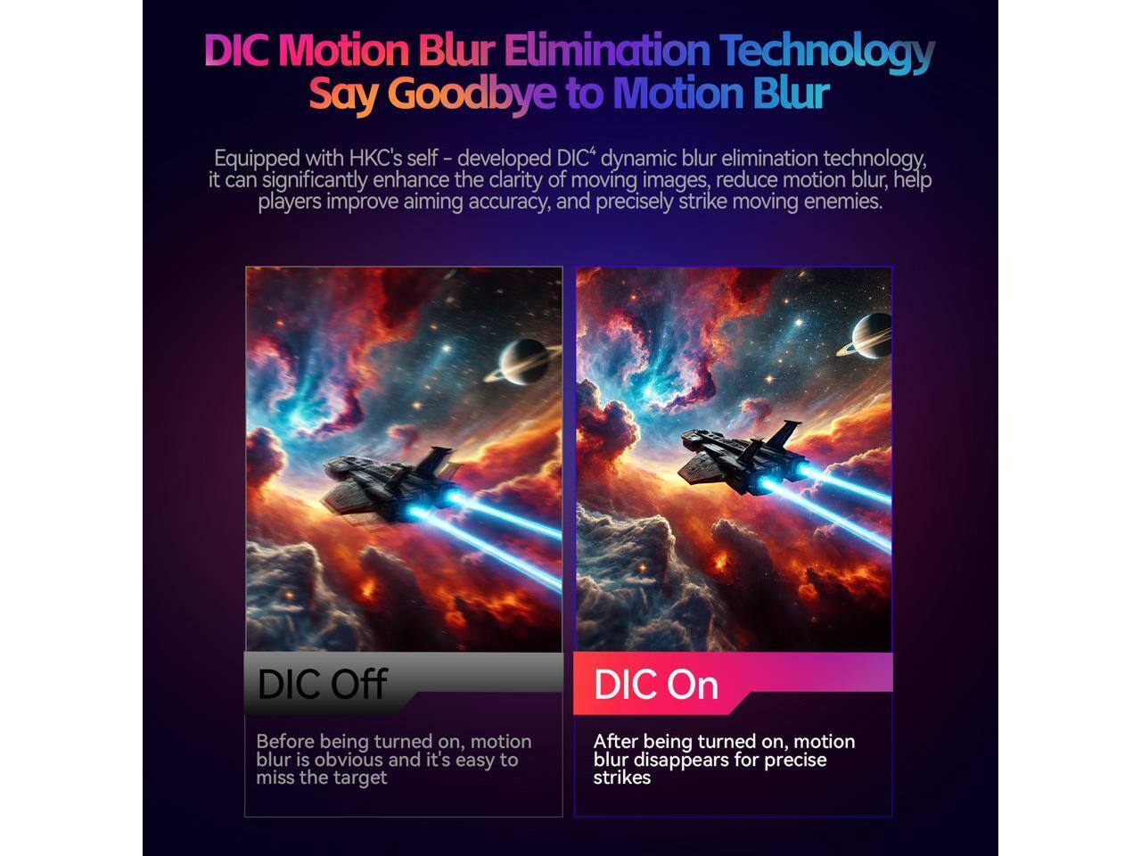 DIC Motion Blur Elimination Technology  
Say Goodbye to Motion Blur  

Equipped with HKC's self-developed DIC dynamic blur elimination technology, it can significantly enhance the clarity of moving images, reduce motion blur, help players improve aiming accuracy, and precisely strike moving enemies.  

DIC Off  
Before being turned on, motion blur is obvious and it's easy to miss the target  

DIC On  
After being turned on, motion blur disappears for precise strikes
