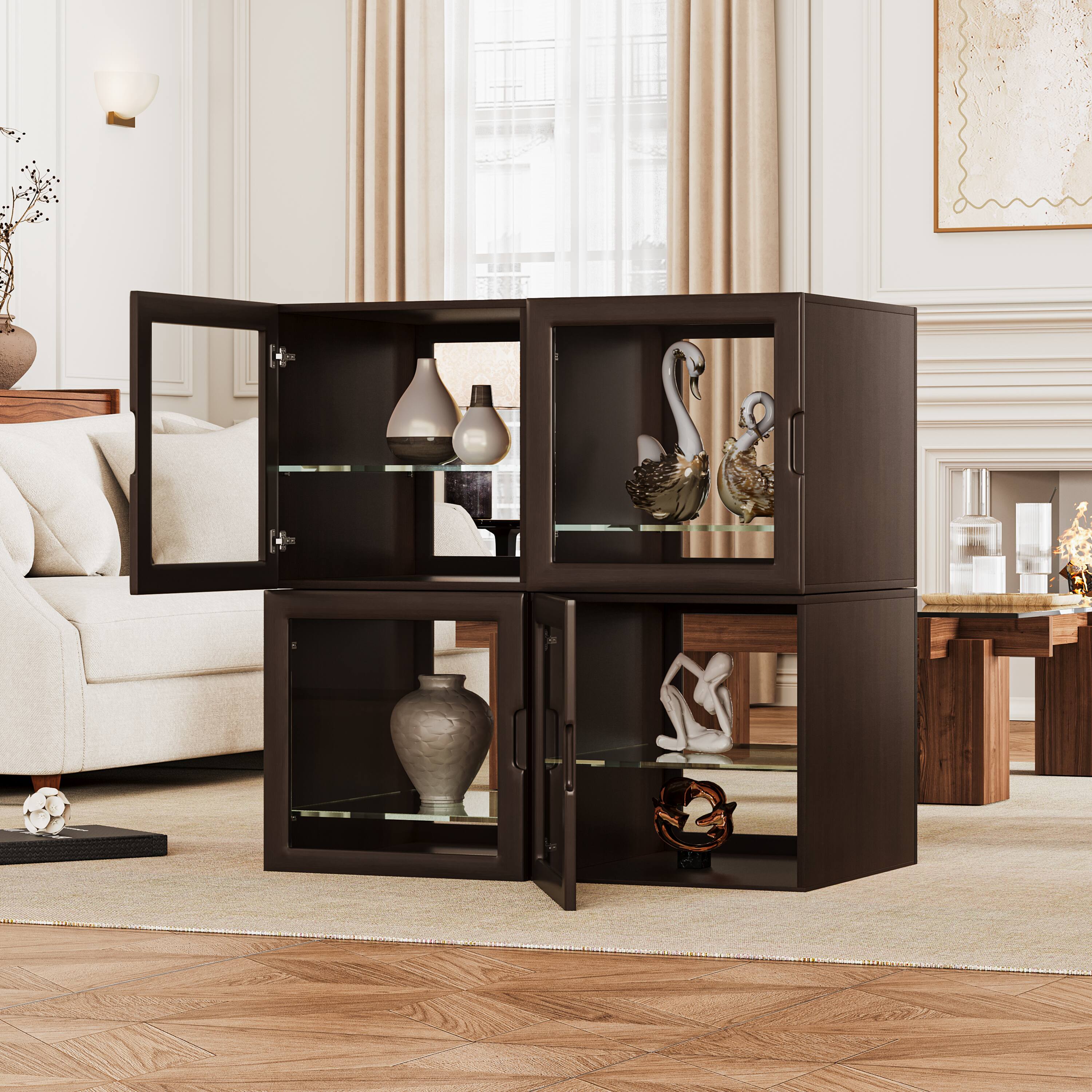 Alt View 2. MSOOB - 4 Pack China Cabinet, Glass Display Cabinets with Adjustable Shelves Curio Cabinets for Collectibles - Black Walnut.