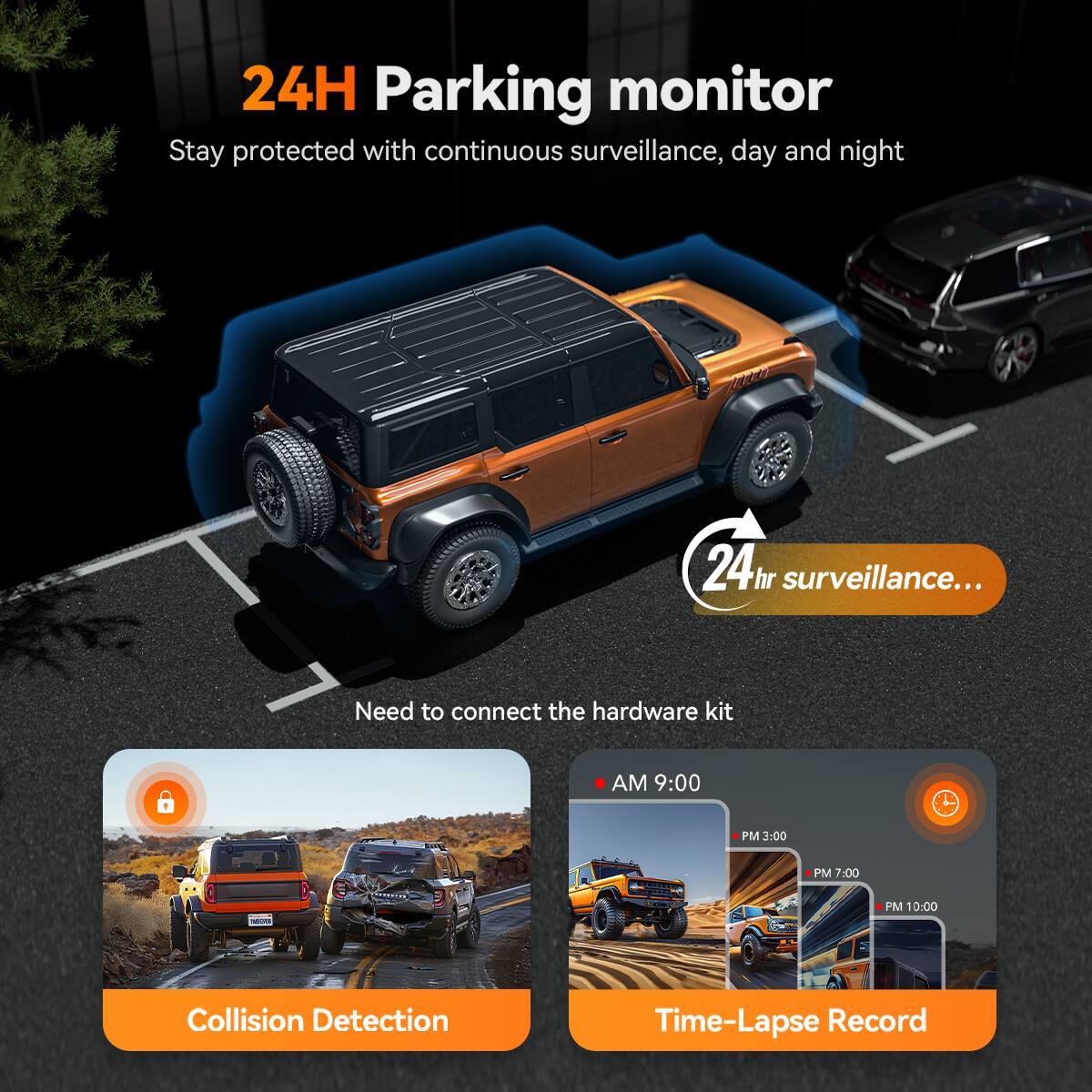 24H Parking monitor  
Stay protected with continuous surveillance, day and night  

24hr surveillance...  

Need to connect the hardware kit  

Collision Detection  

Time-Lapse Record  
AM 9:00  
PM 3:00  
PM 7:00  
PM 10:00