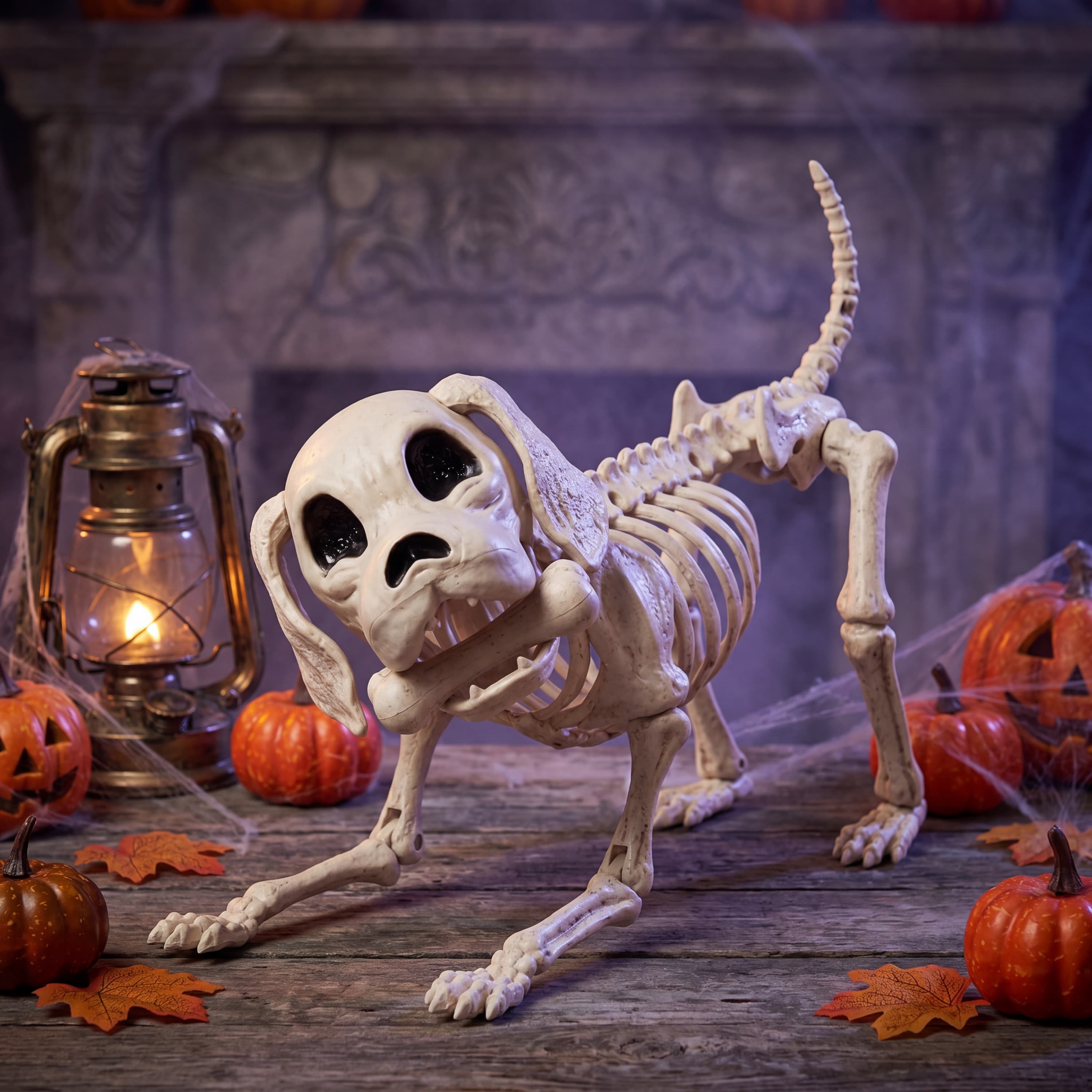 Angle. Joyfy - 12.6" Halloween Decorations Dog Puppy Skeleton Full Body Posable for Spooky Scene Decor Party Favor Haunted House Prop - White.