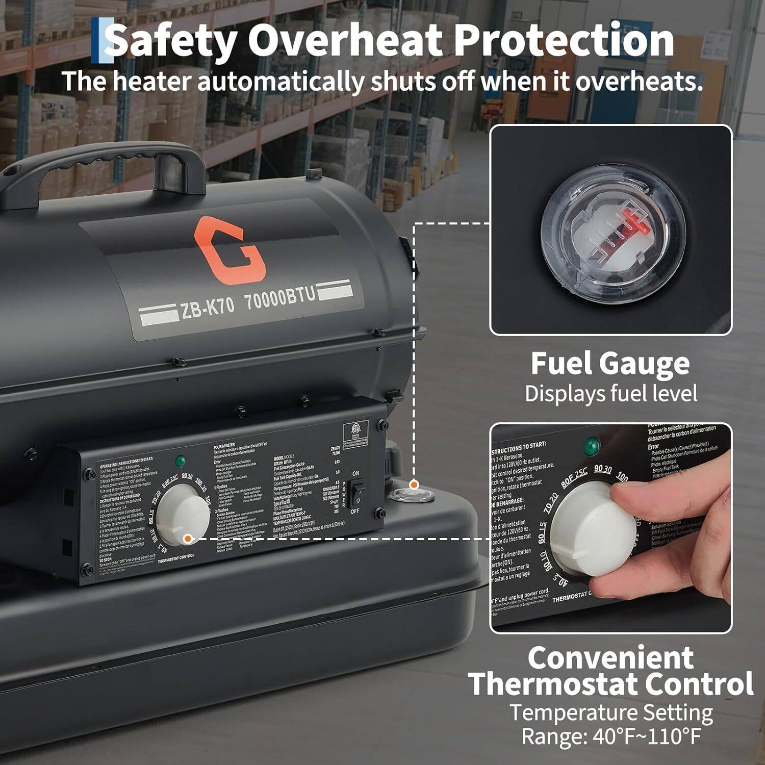 Alt View 3. GARVEE - 70000 BTUs Forced Air Kerosene Diesel Heater, with Thermostat.