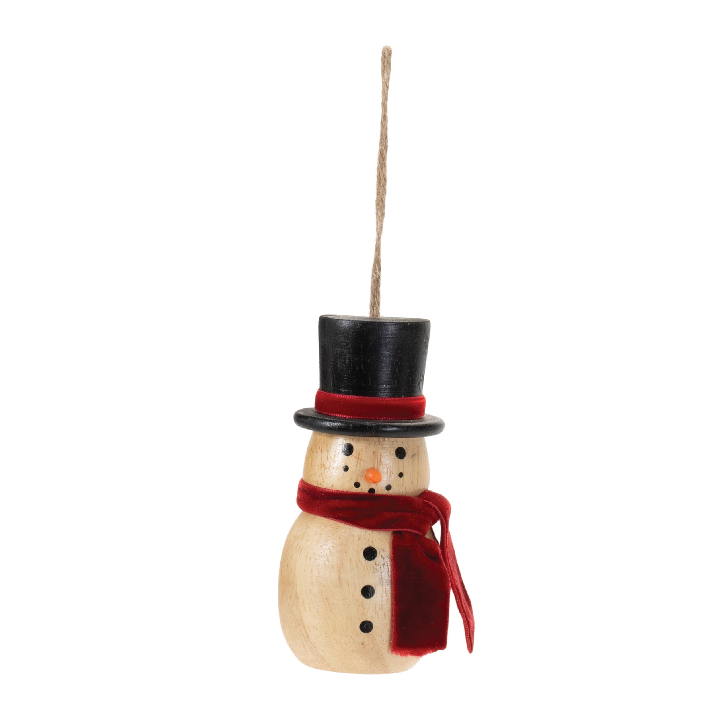 Left. BreeBe - Wooden Snowman Ornament (Set of 12) - Brown, Black, Red.