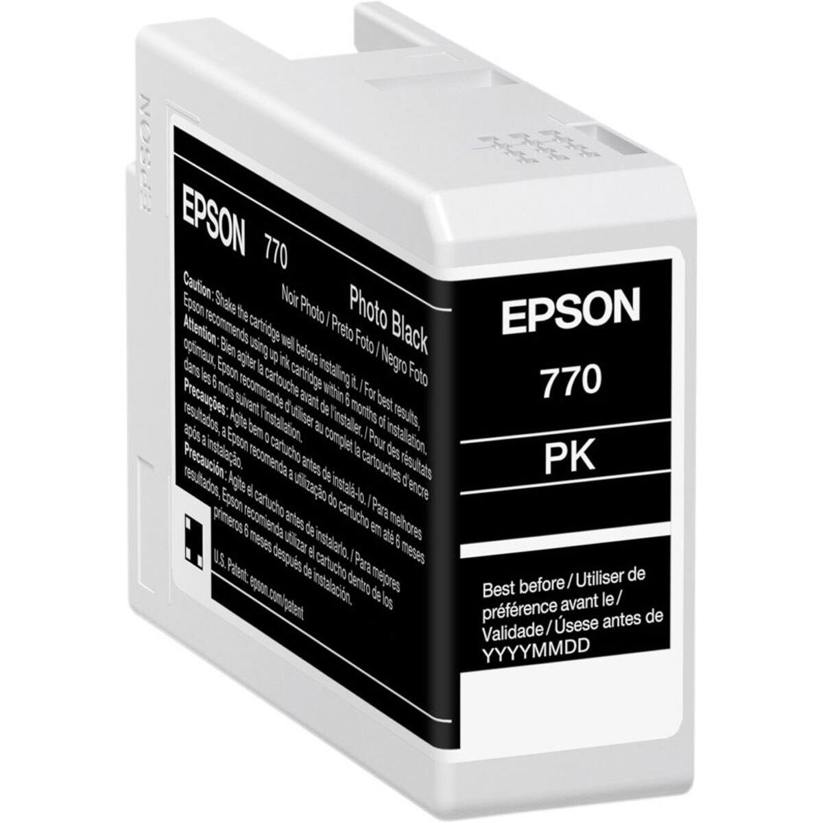 EPSON 770 Photo Black  
Noir Photo / Preto Foto / Negro Foto  
EPSON 770 PK  

Caution: Shake the cartridge well before installing it.  
Epson recommends using up the cartridge within 6 months for best results.  
Attention: Bien après avoir installé le cartouche, utiliser le cartouche dans les 6 mois pour obtenir les meilleurs résultats.  
Precaución: Agite el cartucho antes de instalarlo. Para mejores resultados, utilice el cartucho en los primeros 6 meses después de la instalación.  

Best before / Utiliser de préférence avant le / Validezé / Use before YYYYMMDD