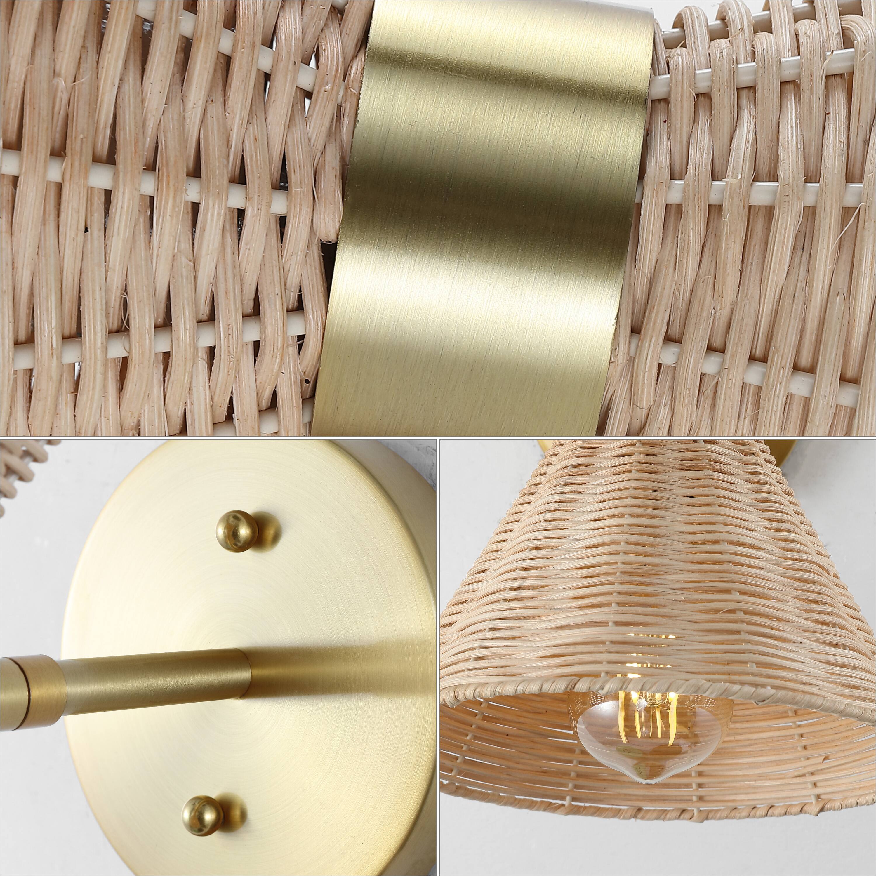 Alt View 5. Jonathan Y - Zoey 10" 1-Light Mid-Century Vintage Retro Rattan/Metal LED Sconce with Adjustable Shade, Light Brown/Brass Gold - Brass Gold/Light Brown.