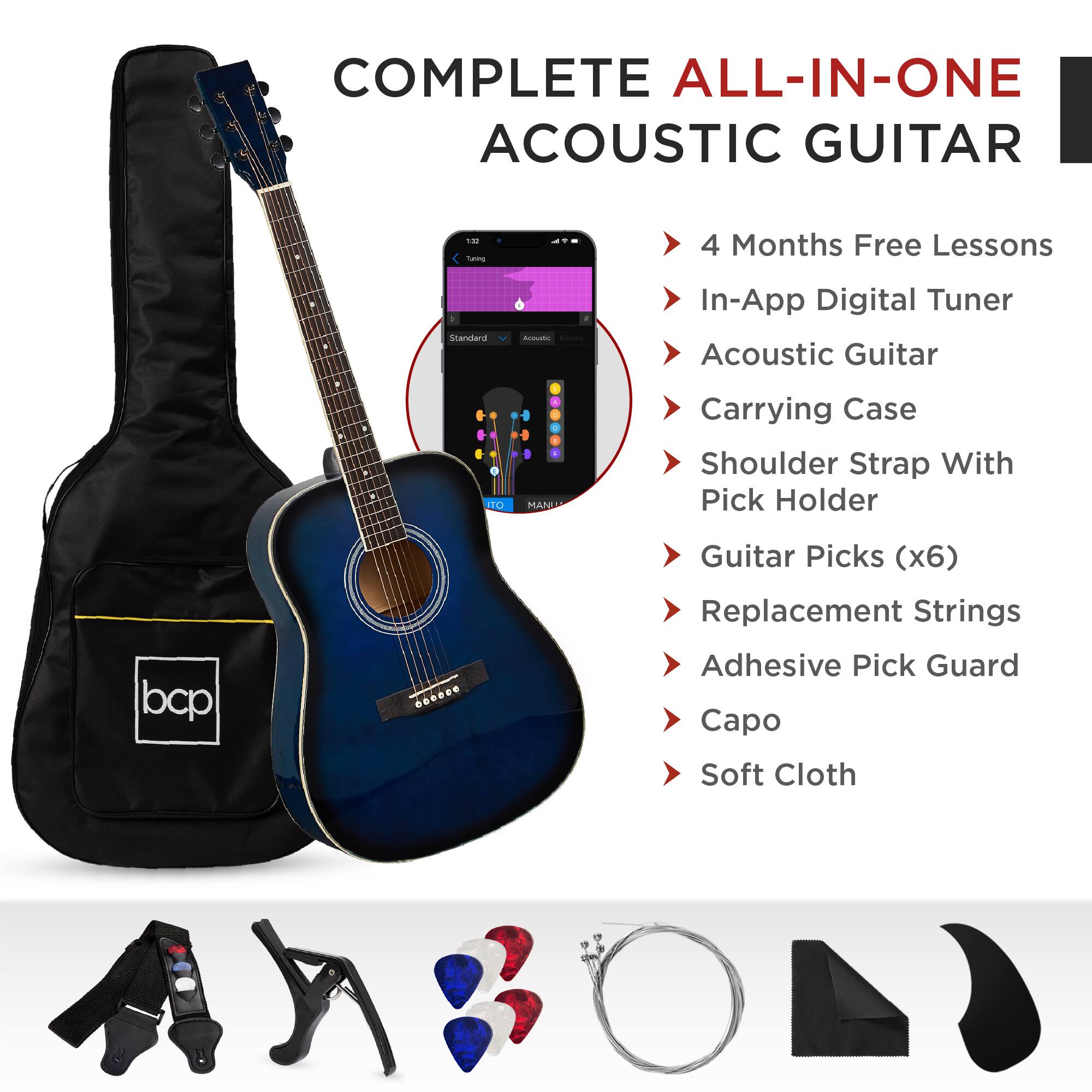 COMPLETE ALL-IN-ONE ACOUSTIC GUITAR

- 4 Months Free Lessons
- In-App Digital Tuner
- Acoustic Guitar
- Carrying Case
- Shoulder Strap With Pick Holder
- Guitar Picks (x6)
- Replacement Strings
- Adhesive Pick Guard
- Capo
- Soft Cloth