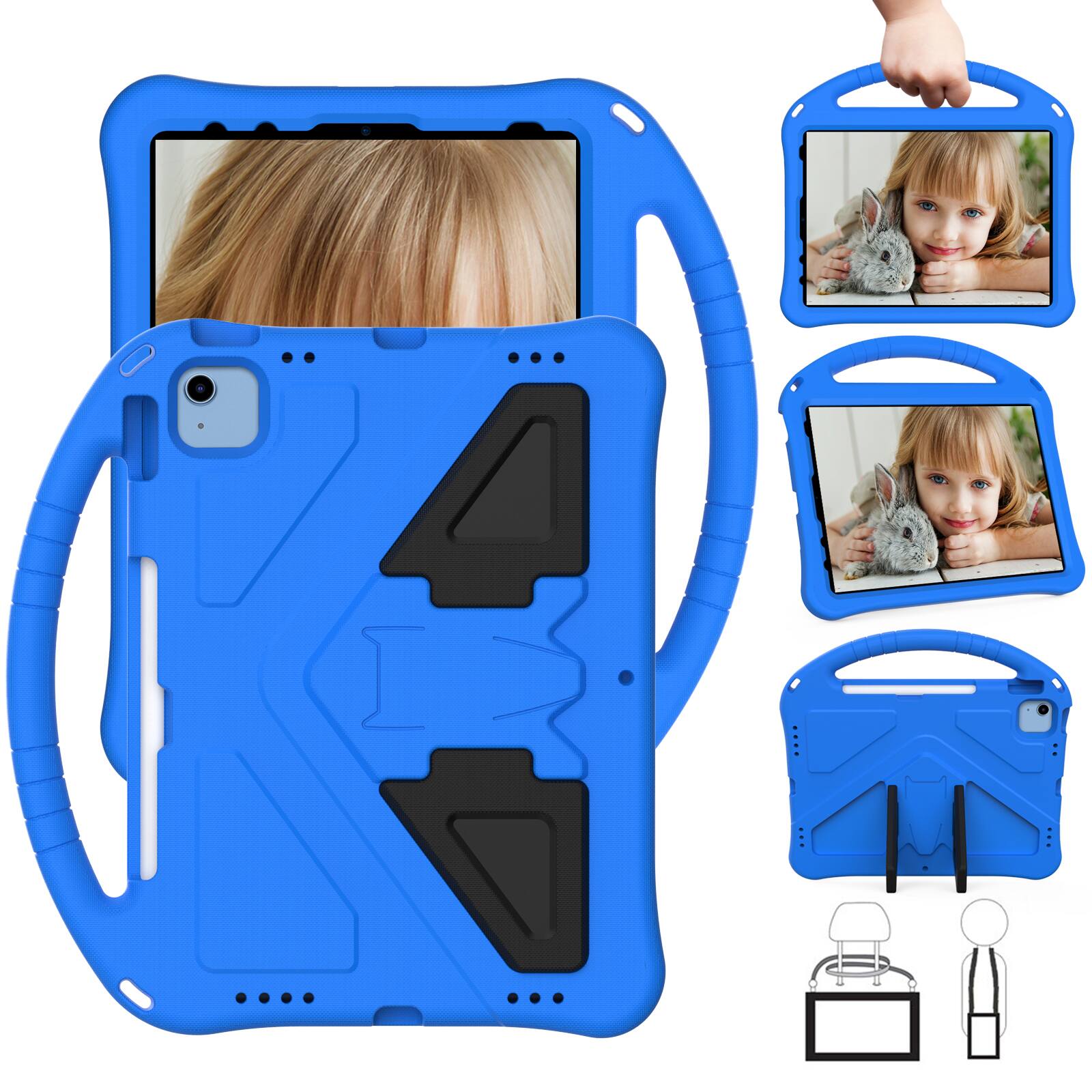 The image shows a blue protective case for a tablet. The case has a handle and cutouts for the camera and buttons. There are also smaller images showing a child holding a rabbit, which are likely examples of what can be displayed on the tablet.