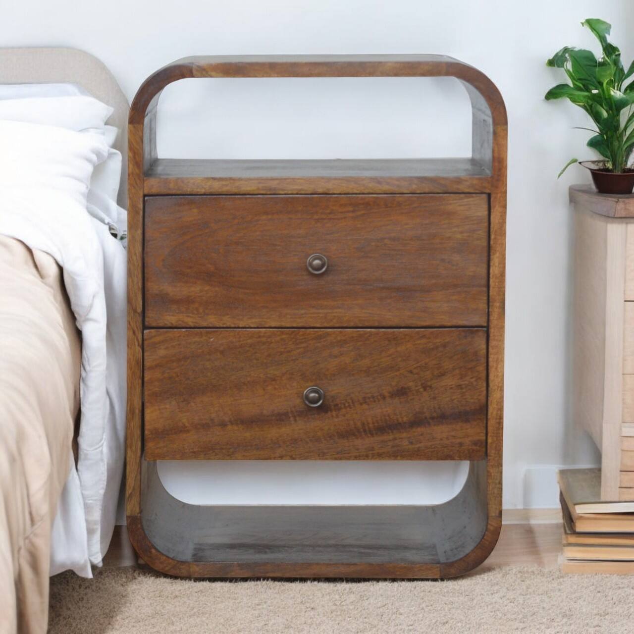 Alt View 8. Artisan Furniture - Artisan Furniture Solid Wood Chestnut Curve Nightstand, 2 Drawer, 2 Open Slots, Dark Brown - Chestnut.
