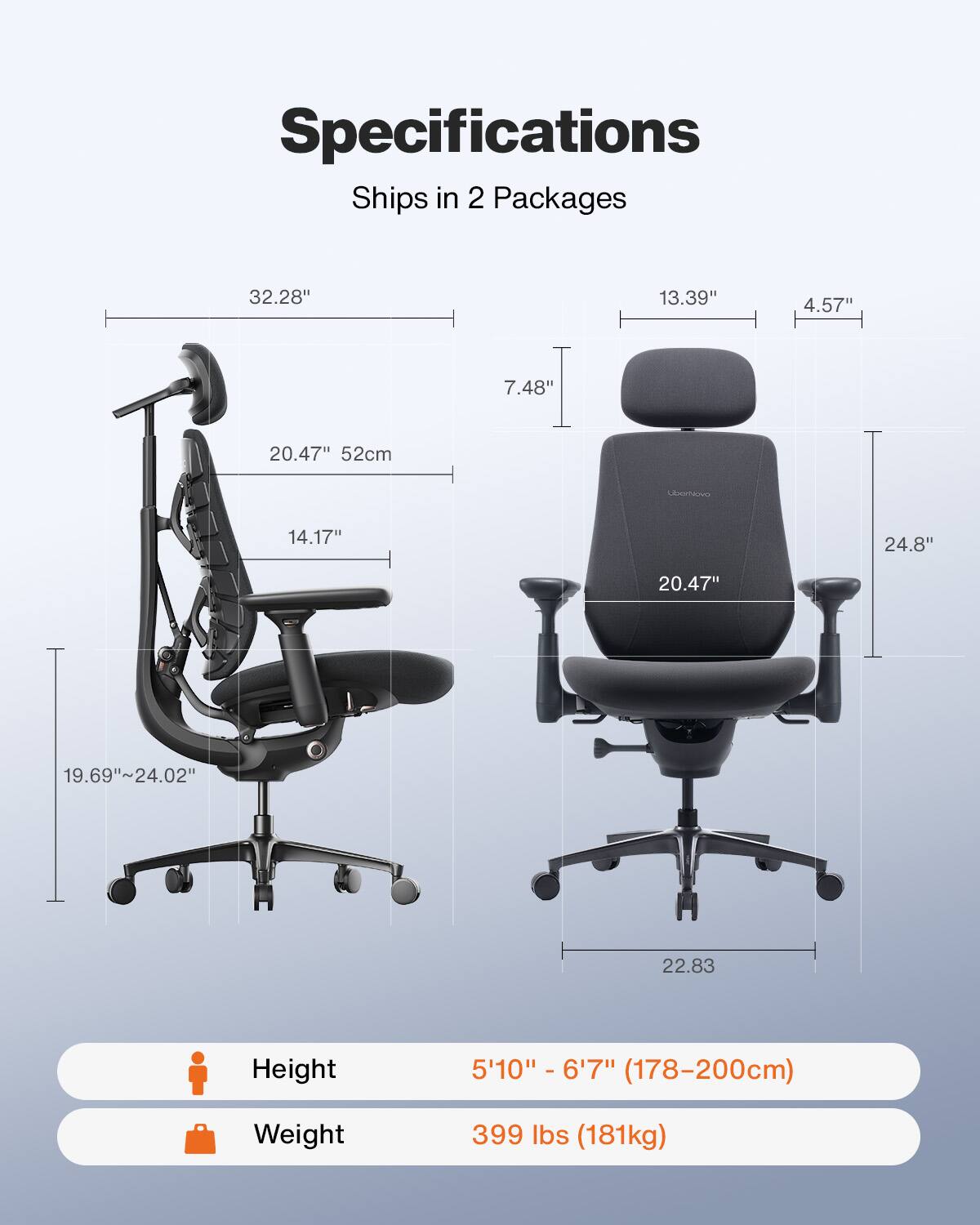 Specifications  
Ships in 2 Packages  

32.28"  
13.39"  
4.57"  
7.48"  
20.47" 52cm  
14.17"  
24.8"  
20.47"  
19.69"~24.02"  
22.83  

Height  
5'10" - 6'7" (178-200cm)  

Weight  
399 lbs (181kg)