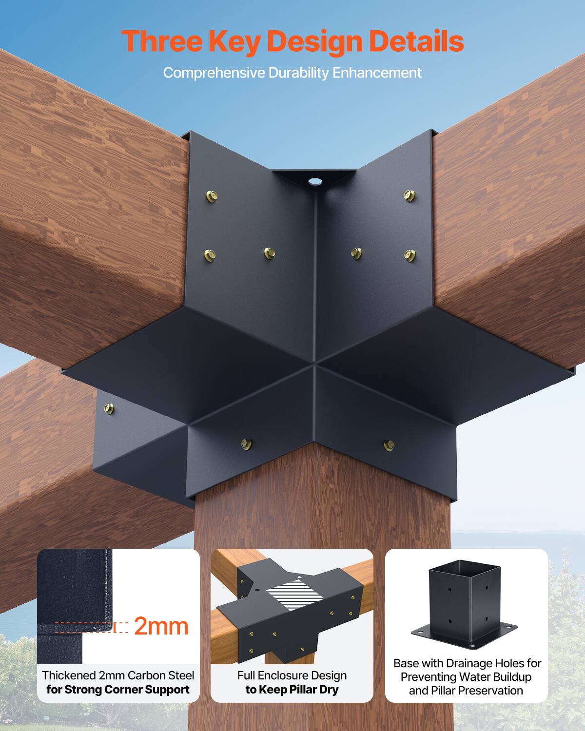 Three Key Design Details  
Comprehensive Durability Enhancement  

1. Thickened 2mm Carbon Steel for Strong Corner Support  
2. Full Enclosure Design to Keep Pillar Dry  
3. Base with Drainage Holes for Preventing Water Buildup and Pillar Preservation