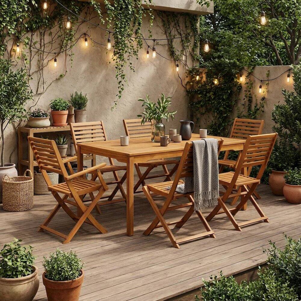 Alt View 4. Outdoor Escape - Wooden Patio Set Oil Finish Dining Table with 6 Outdoor Chairs - Brown.