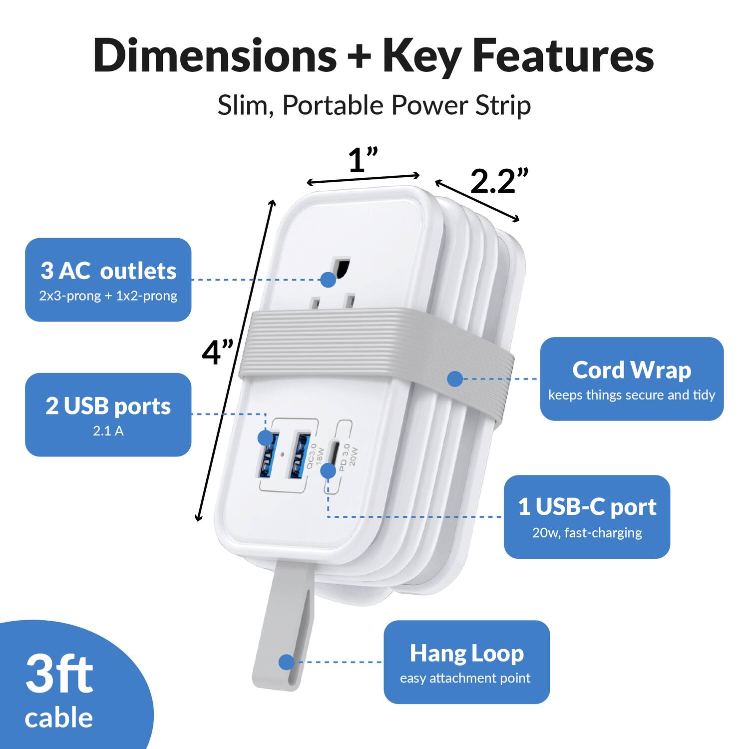 **Dimensions + Key Features**

**Slim, Portable Power Strip**

- **Dimensions:**
  - 1" x 2.2" x 4"

- **Key Features:**
  - **3 AC outlets**
    - 2x3-prong + 1x2-prong
  - **2 USB ports**
    - 2.1 A
  - **1 USB-C port**
    - 20W, fast-charging
  - **Cord Wrap**
    - keeps things secure and tidy
  - **Hang Loop**
    - easy attachment point
  - **3ft cable**
