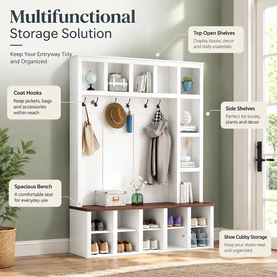 White Entry Bench RYHNUYNE Farmhouse Hall Tree, 4 in 1 Entryway Shoe Cabinet, Walnut ...